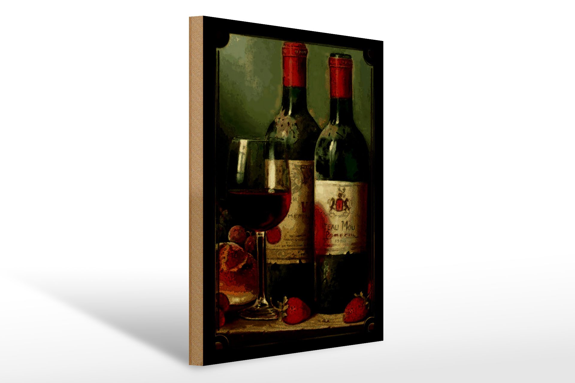 Holzbild Kunst 30x40cm Stillleben Rotwein Erdbeeren Obst