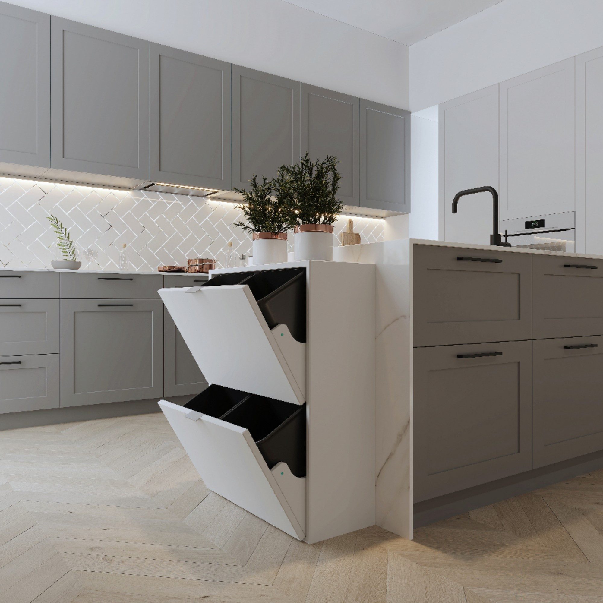 Happy Home Mülltrennsystem Platzsparender Mülleimerschrank mit 4 Einräumen für Mülltrennung