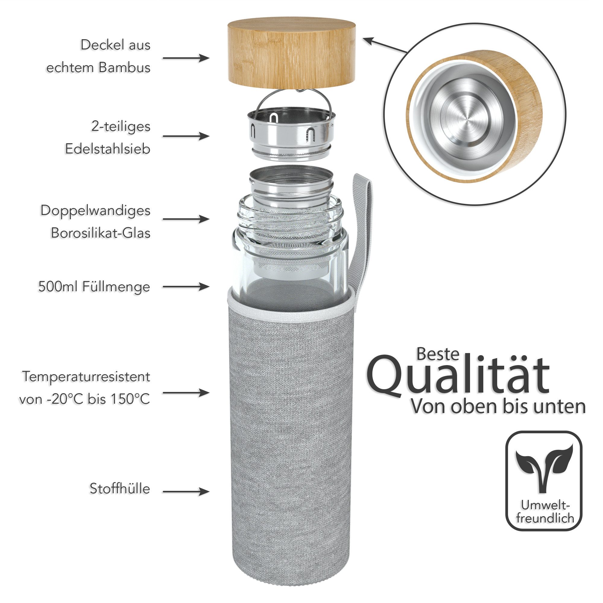 EAZY CASE Thermoflasche Thermo Trinkflasche mit Teesieb, Teeflasche Thermo Glasflasche To Go 500ml kälte hitzebeständig + Sieb – Bild 2 von 5
