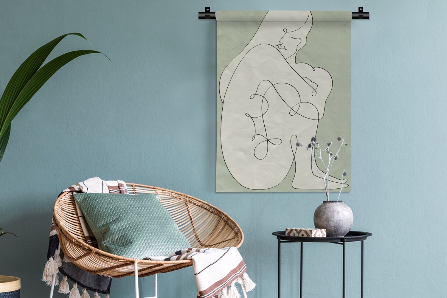 MuchoWow an Schlafzimmer Linienkunst Tapisserie, für Wanddekoobjekt Deko Abstrakt - Grün, - Frau Wohnzimmer, Wand, - der