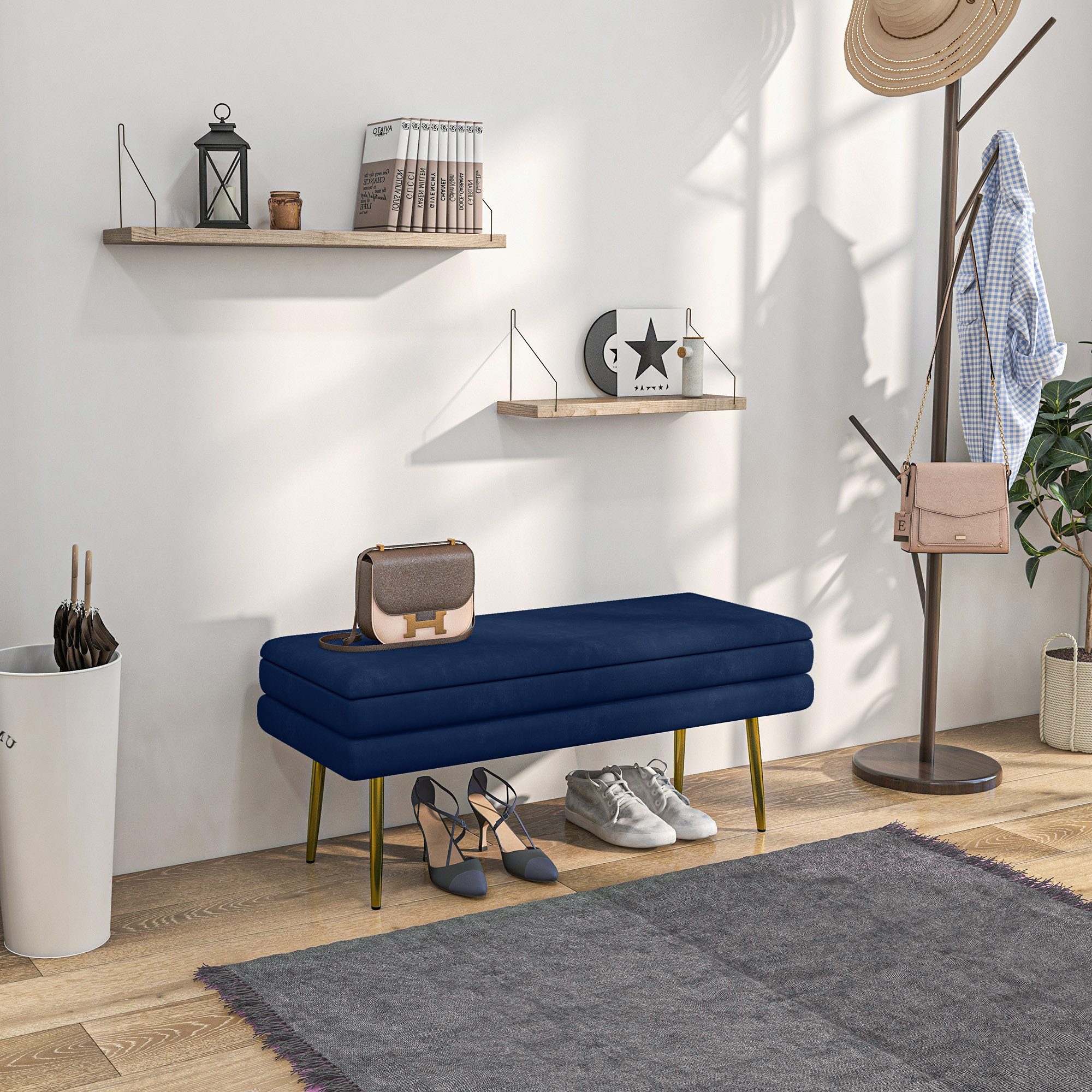 HOMCOM Sitzbank mit Samtoptik (Bettbank mit Stahlbeine, 1-St., Polsterbank mit Stauraum), für Wohnzimmer, Schlafzimmer, Blau, 100 x 37,5 x 42 cm