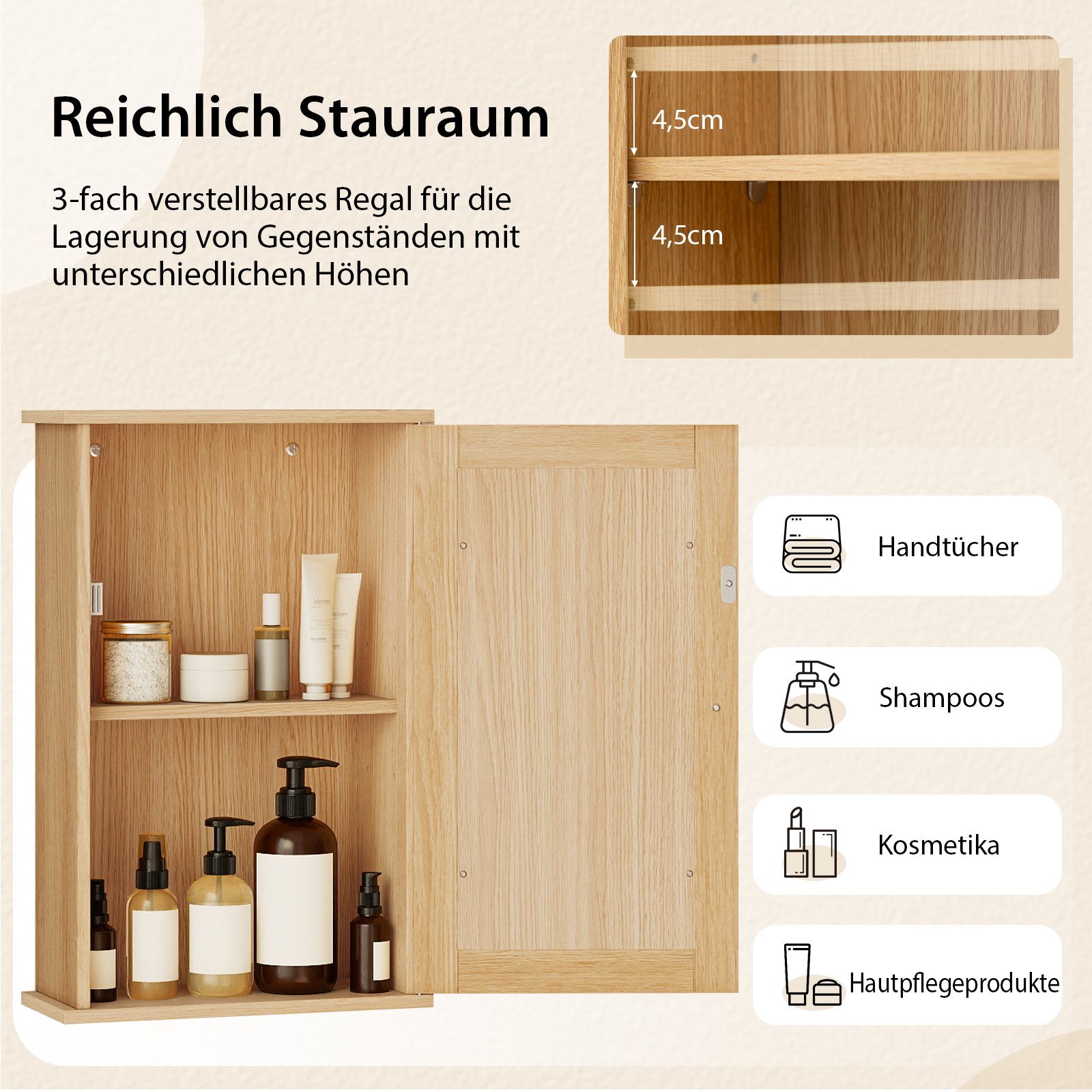 COSTWAY Spiegelschrank Bad Badezimmerschrank mit Tür, verstellbarer Ablage