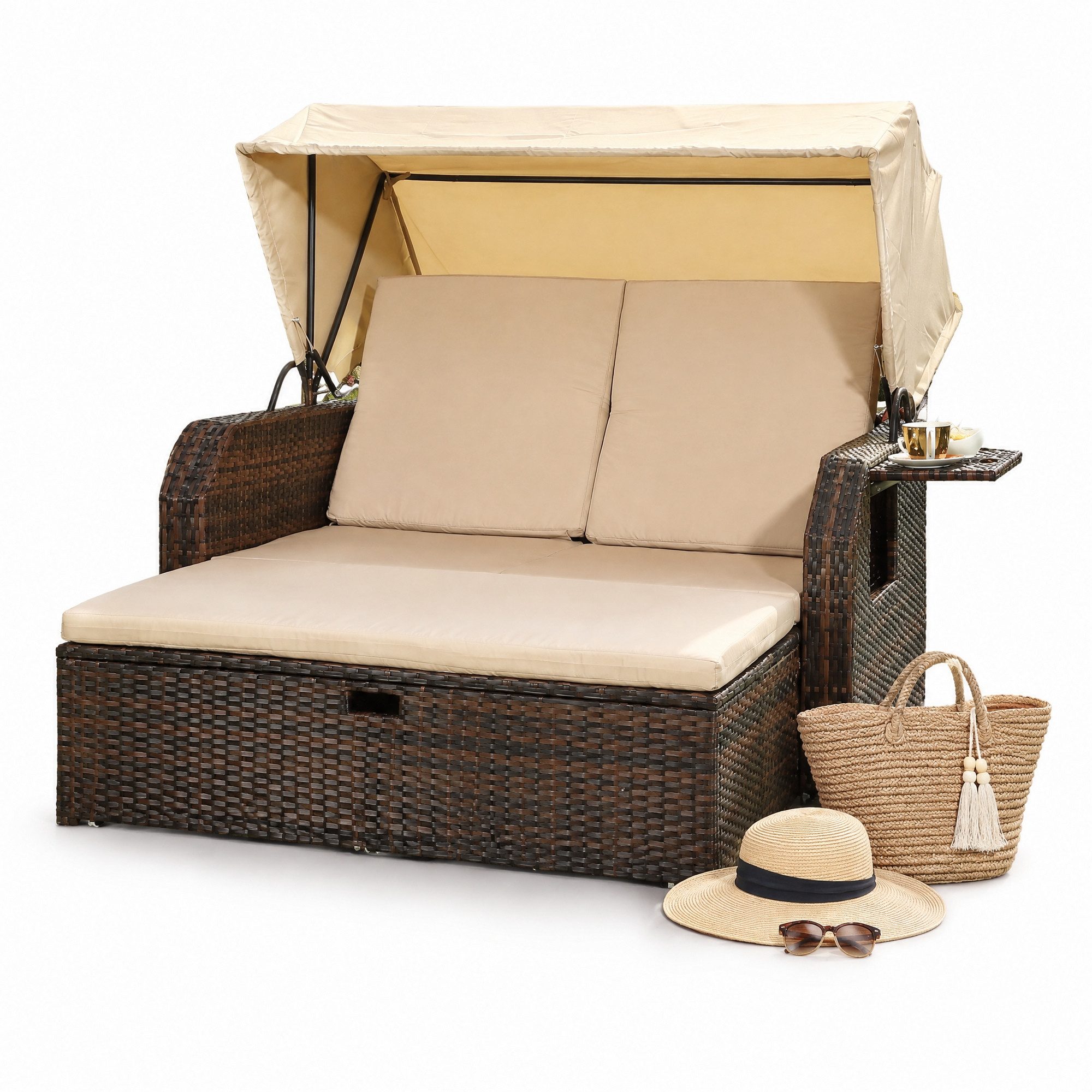 Melko Strandkorb Rattan Strandkorb Sonnenbett Dach Sonnenliege Relaxliege Gartenmöbel, BxTxH: 145x143x130 cm, (Gartenliege mit Hocker)