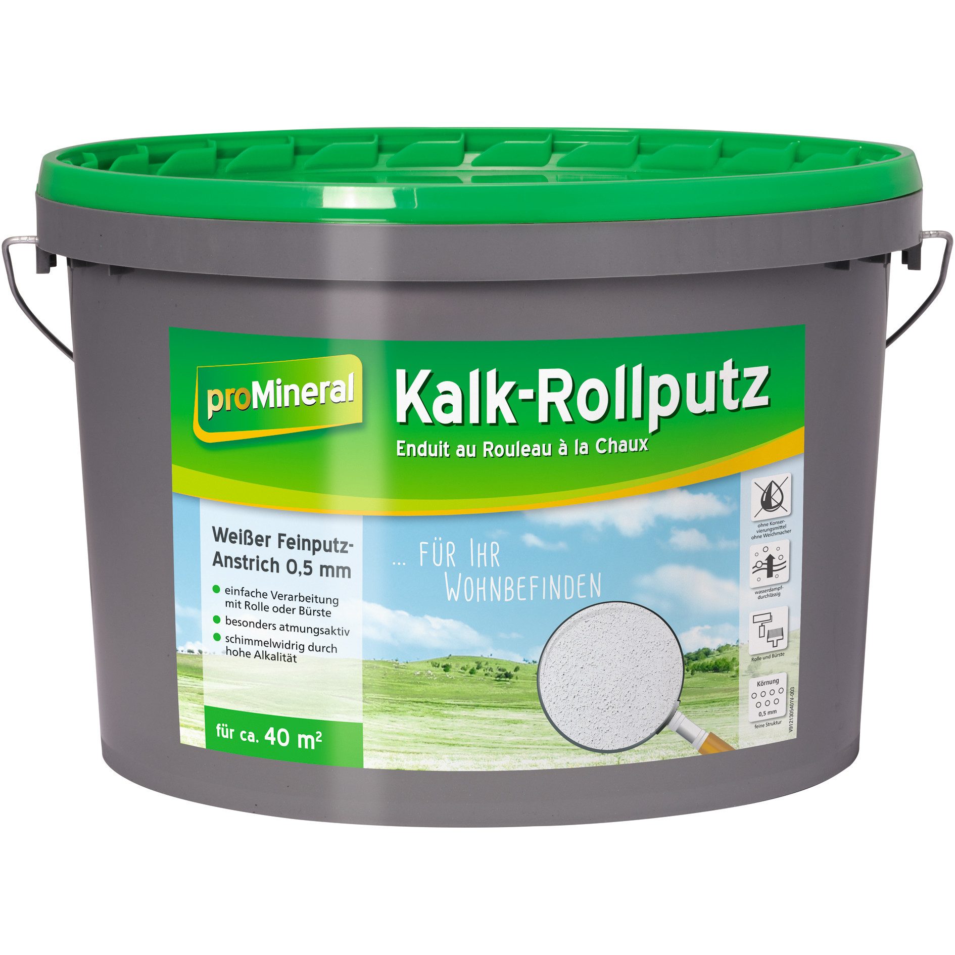 proMineral Kalkputz proMineral Kalk-Rollputz 16 kg Weiß Feinputz-Anstrich für innen Feinputz innen, atmungsaktiv, feuchtigkeitsregulierend, schimmelwidrig