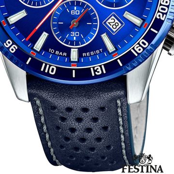 Festina Quarzuhr Festina Herrenuhr Timeless Chronograph, Herren Armbanduhr rund, Lederarmband dunkelblau, Elegant