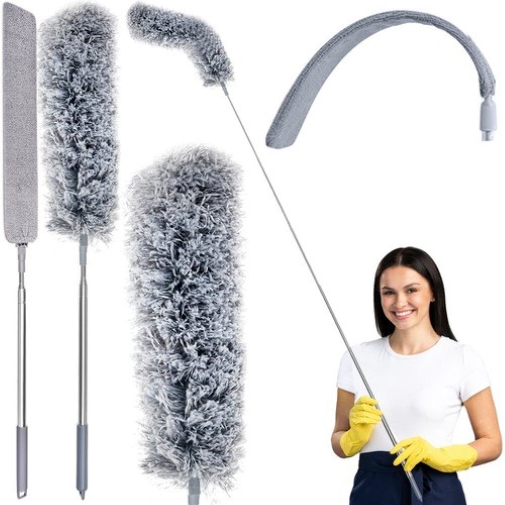 Ruhhy Staubwischer Teleskop Staubbürste Mikrofaser mit ausziehbarem Edelstahlstiel (Staubwischer-Set mit ausziehbarem Stiel und Mikrofaser-Aufsätzen, Reinigungsbürste mit Teleskopstiel und zwei wechselbaren Bürsten), Teleskopbürste 250 cm, 2 Bürstenköpfe, Mikrofaser, Edelstahlstiel
