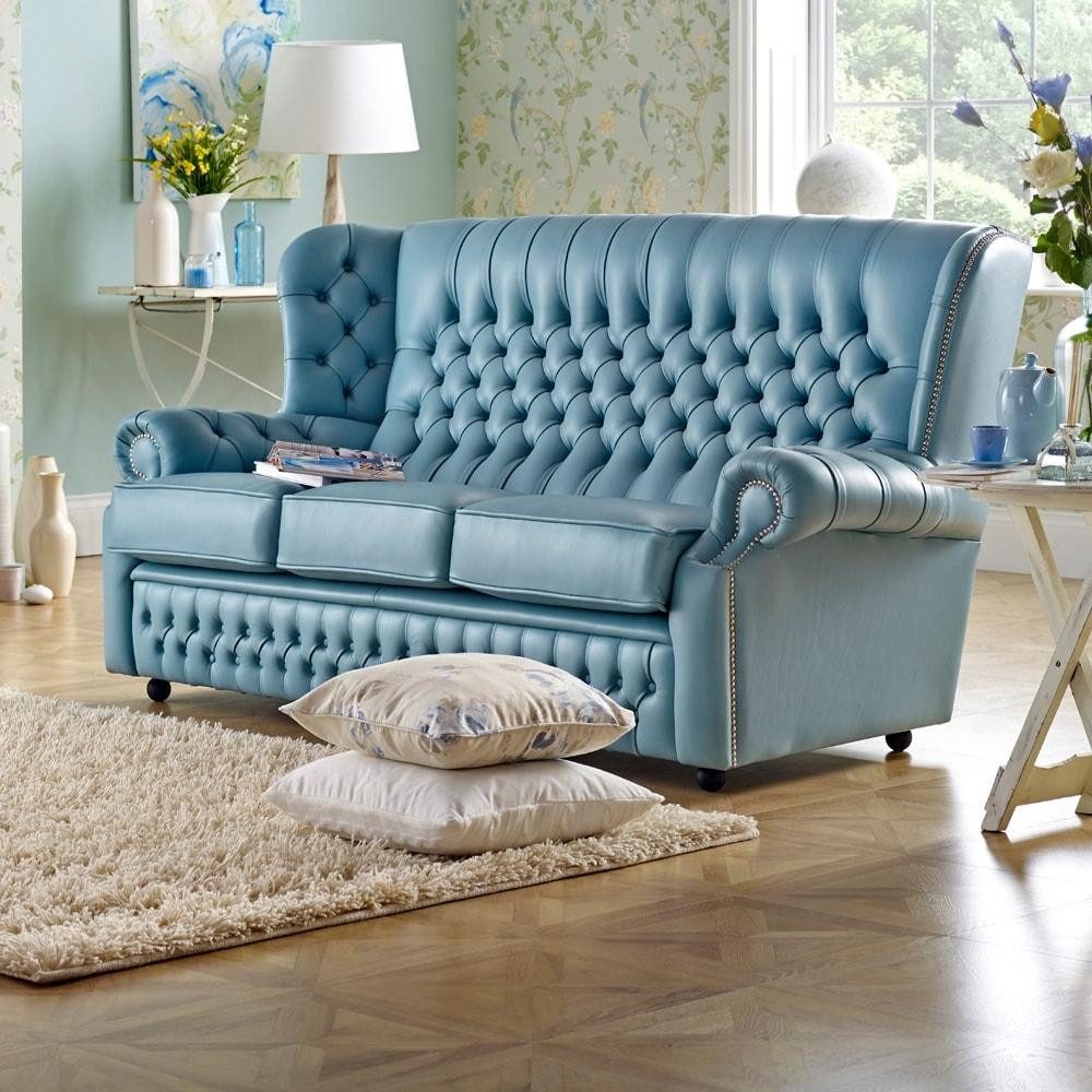 Xlmoebel 3-Sitzer Klassisches Ledersofa in Blau mit hochwertiger Polsterung, Hergestellt in Europa