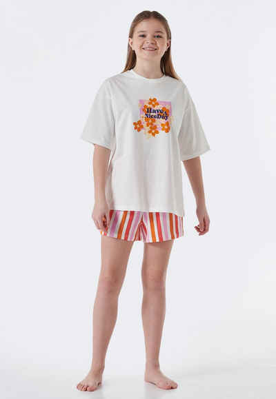 Schiesser Pyjama "Nightwear" mit „Have A Nice Day“-Schriftzug und sommerlichen Blumen-Print