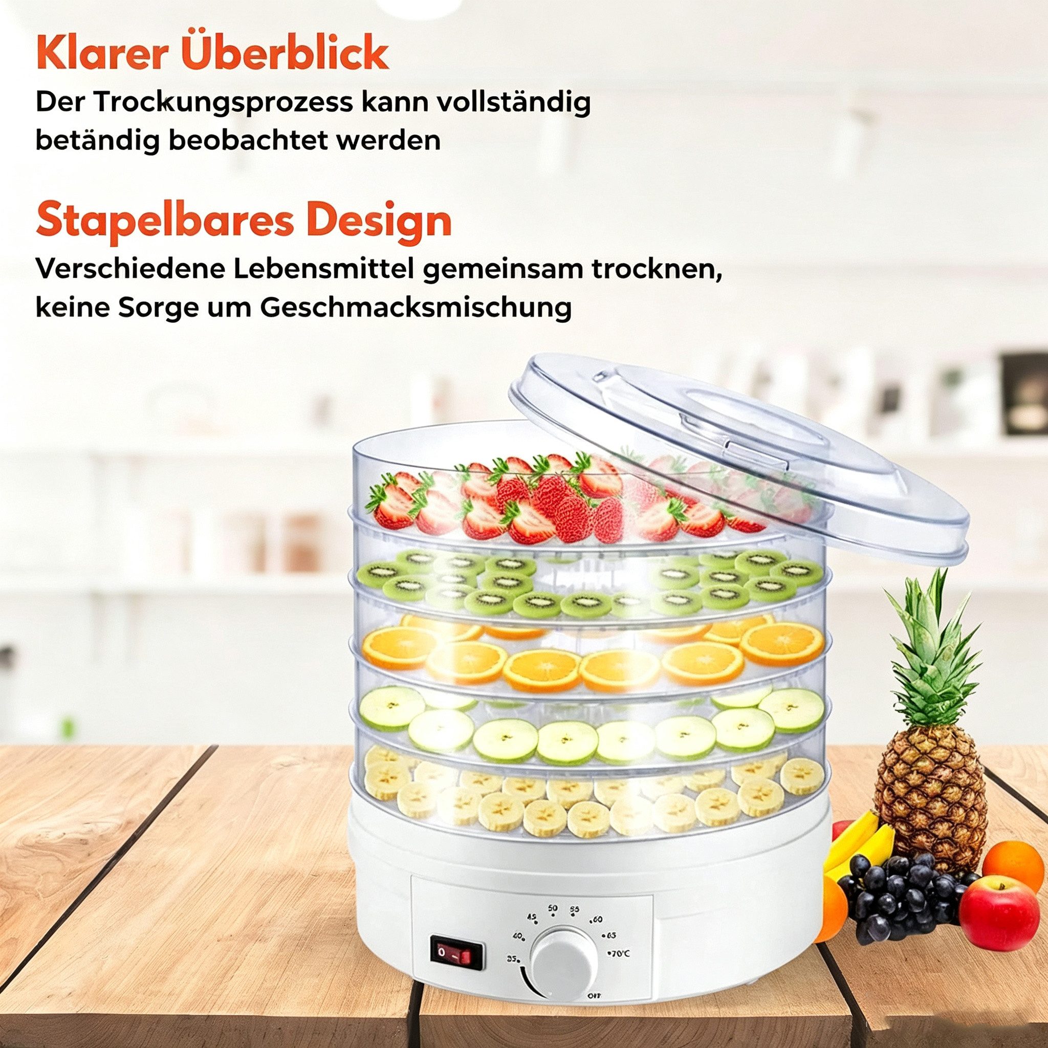 wohnTRAUM24 Dörrautomat Dörrautomat Dörrgerät mit Temperaturregler, 5 Einlegefächer, 35-70°C 350 W, 5 Etagen, Vielseitig für Obst, Fleisch, Fisch & Kräuter – Bild 5 von 5