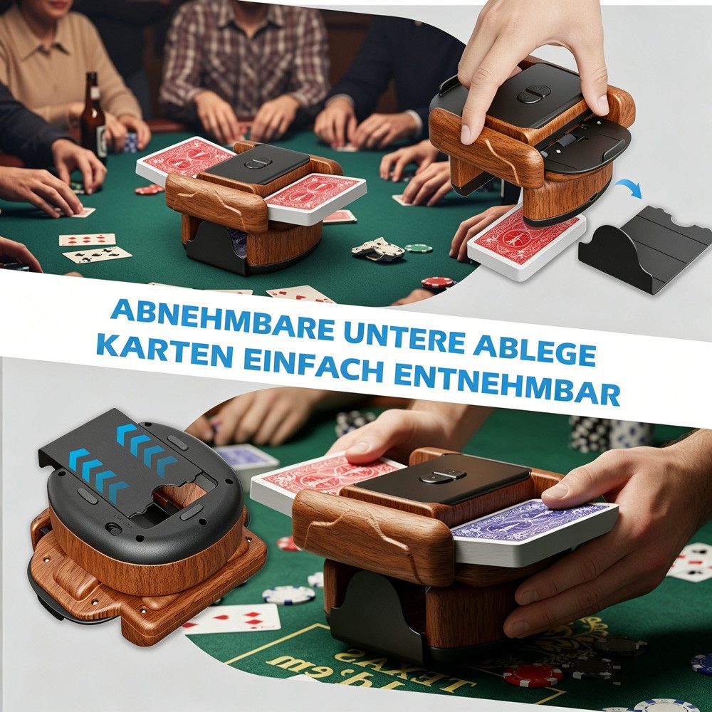 i@home Spiel Kartenmischmaschine, Kartenspiel, Kartenshuffler elektrisch mit 2 Mischmodi Holzoptik für unterwegs