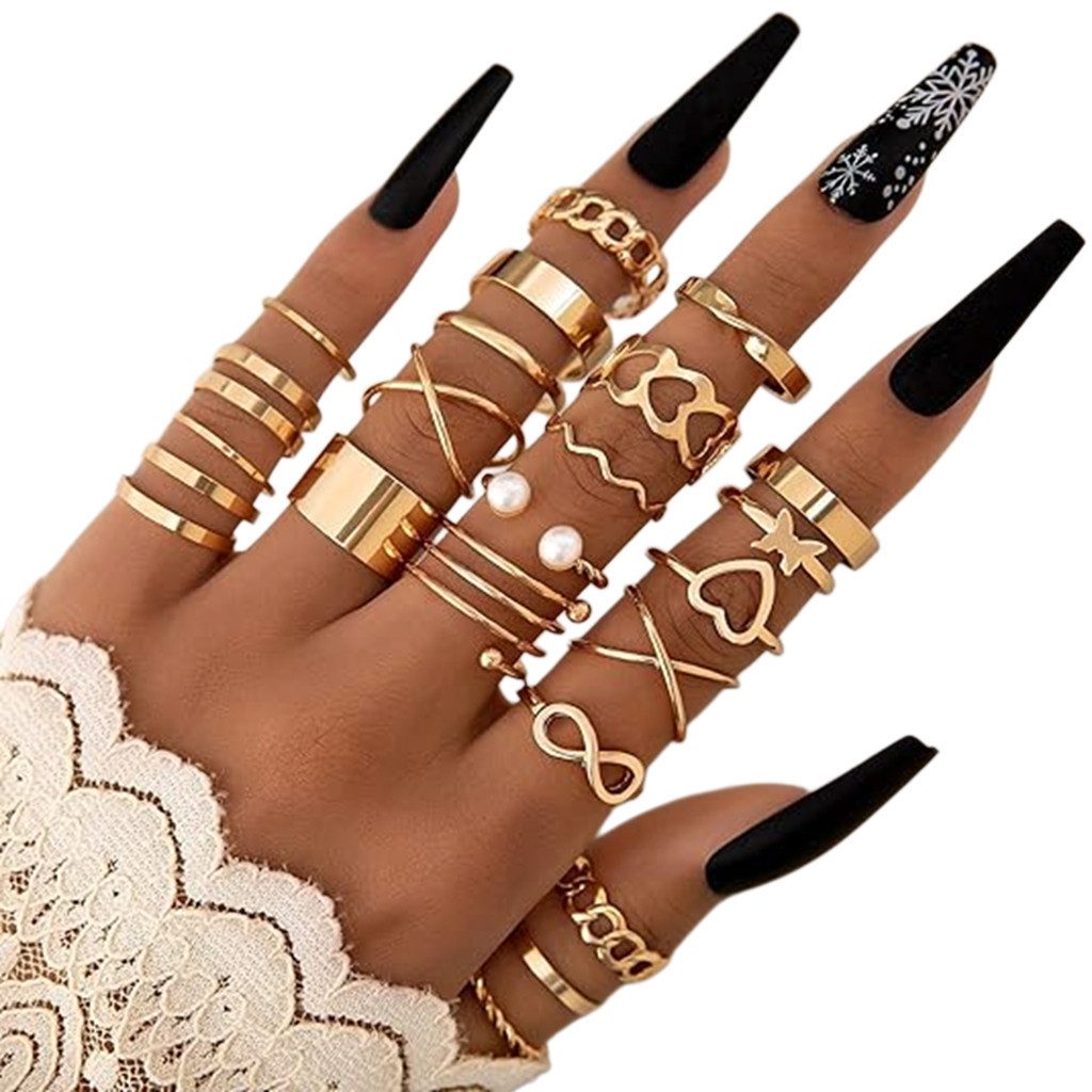 WowWoke Fingerring 22 teiliges offenes Ring Set, Herzringe im Retro Look für Damen (Set, 1-tlg., Perfekt für Schichten & Stapel-Looks), Offene Ringe – flexibel anpassbar für jede Fingerform
