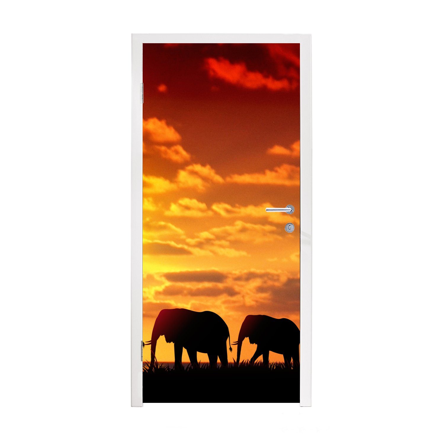 MuchoWow Türtapete Eine Illustration von Elefanten in einer Landschaft mit einem, Matt, bedruckt, (1 St), Fototapete für Tür, Türaufkleber, 75x205 cm