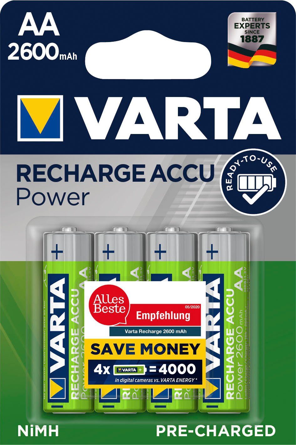 VARTA »VARTA RECHARGE ACCU Power Vorgeladener AA Mignon ...