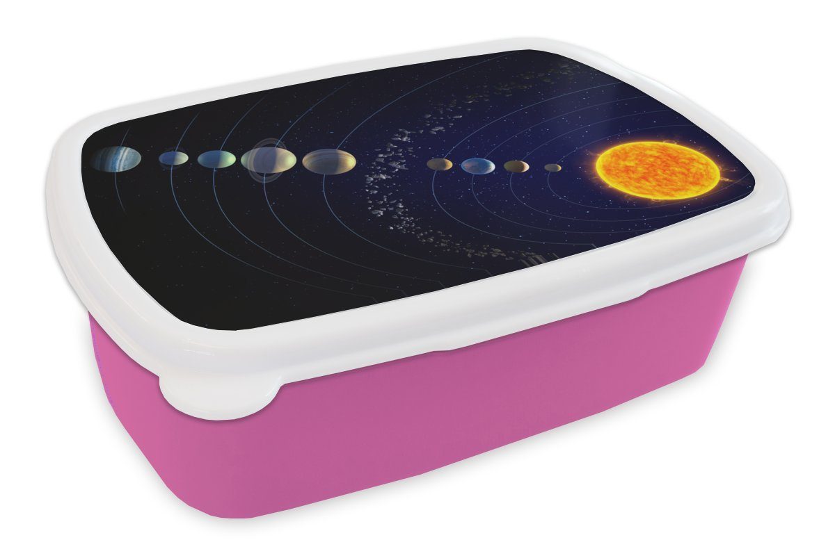 MuchoWow Lunchbox Eine Illustration des Sonnensystems, Kunststoff, (2-tlg), Brotbox für Erwachsene, Brotdose Kinder, Snackbox, Mädchen, Kunststoff rosa
