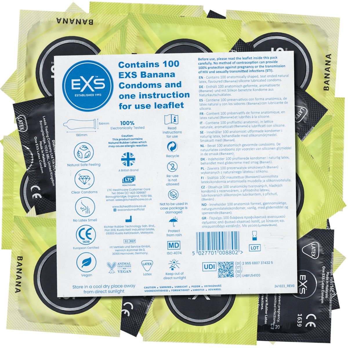 EXS Kondome Banana Flavour - leckere Kondome Packung mit, 100 St., aromatisierte Kondome, Kondome mit Bananen-Geschmack, Kondomvorrat, Großpackung
