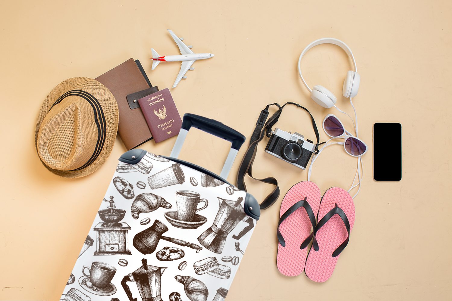 MuchoWow - Rollen, mit 4 rollen, Ferien, Trolley, - Reisetasche Handgepäckkoffer Kaffee Handgepäck Reisekoffer Muster, Croissant für