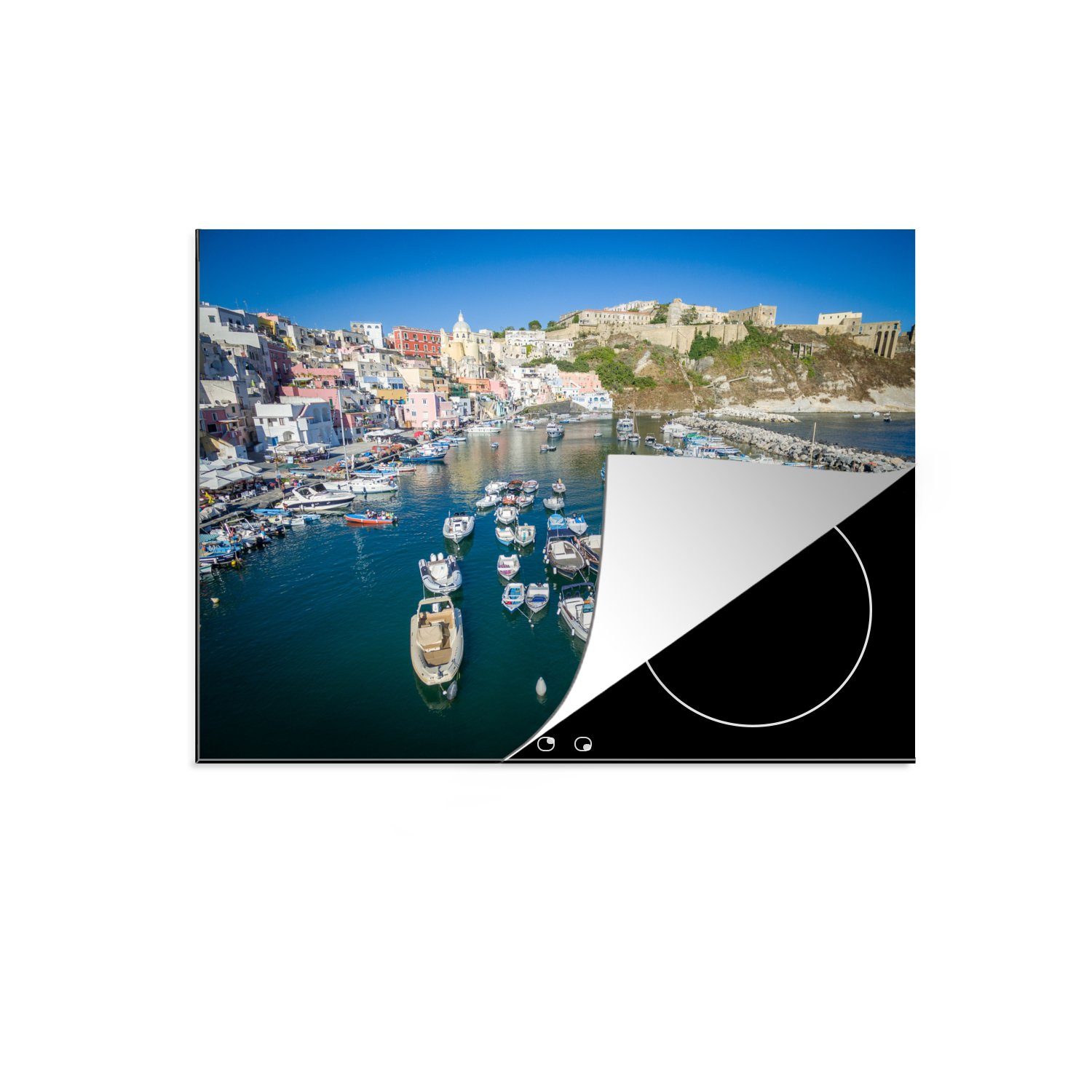 MuchoWow Herdblende-/Abdeckplatte Boote im Hafen von Neapel, Vinyl, (1 tlg), 70x52 cm, Mobile Arbeitsfläche nutzbar, Ceranfeldabdeckung