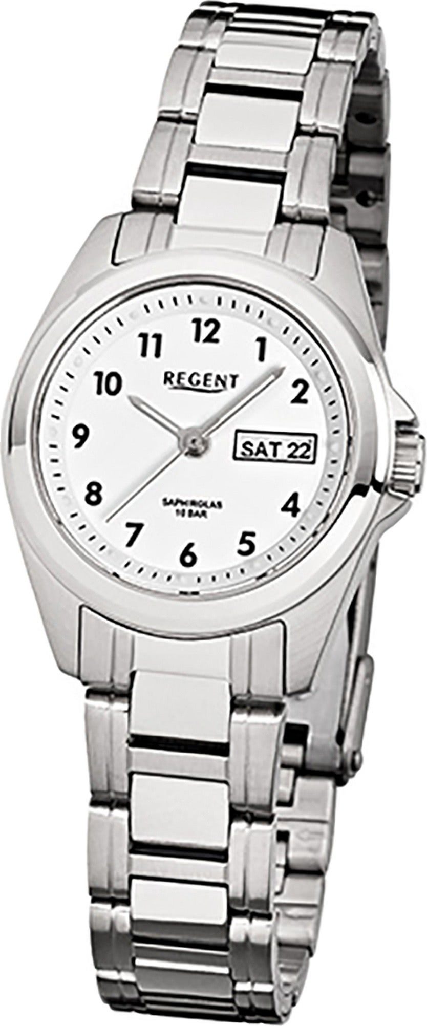 Regent Quarzuhr Regent Stahl Damen Uhr F-519 Quarzuhr, Damenuhr Edelstahlarmband silber, rundes Gehäuse, klein (ca. 27mm)