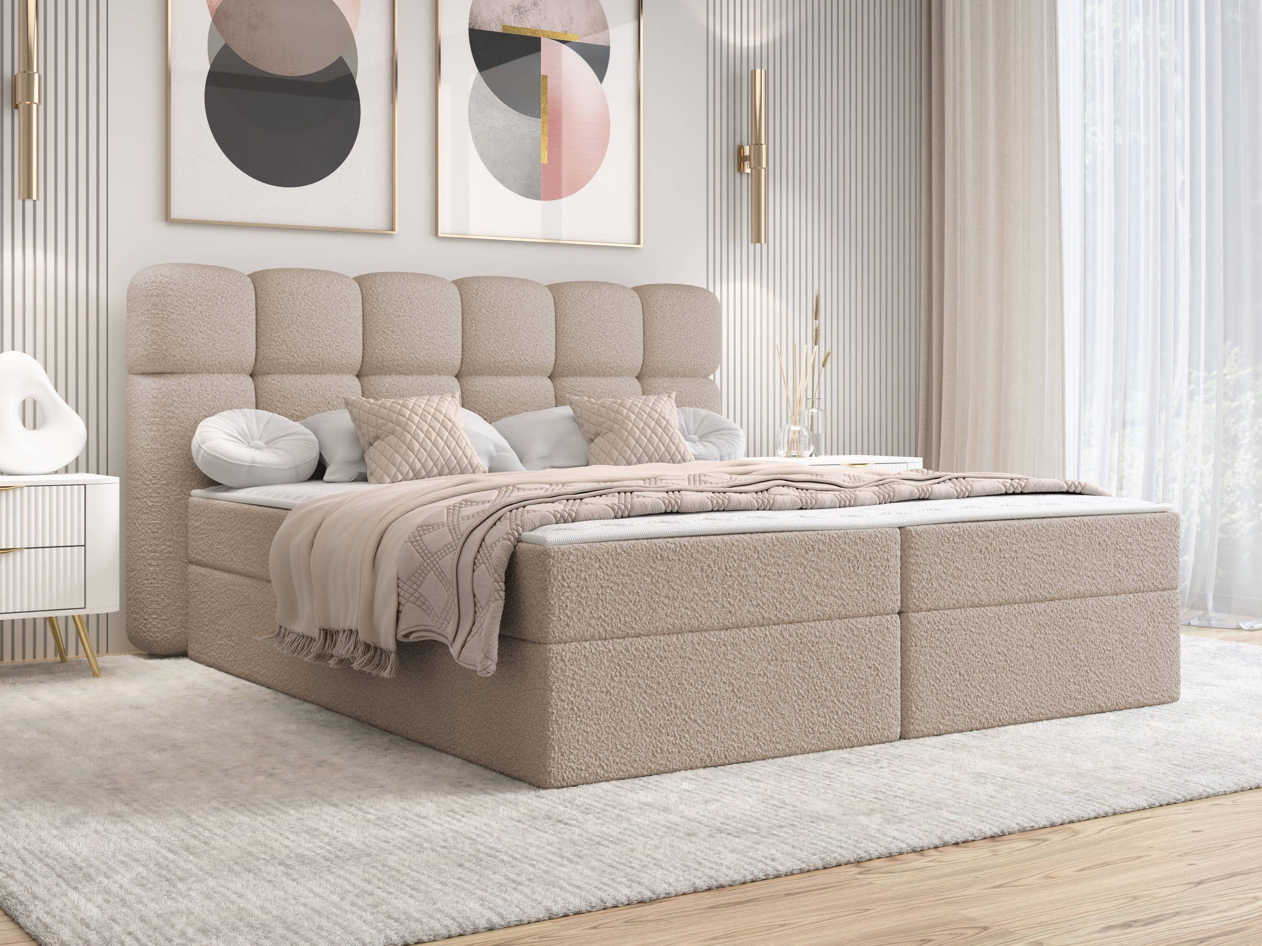 MIRJAN24 Boxspringbett Softi 2 Boucle (zwei Bettkästen für die Bettwäsche), Bonellfederkern H3, 140/160/180x200 cm