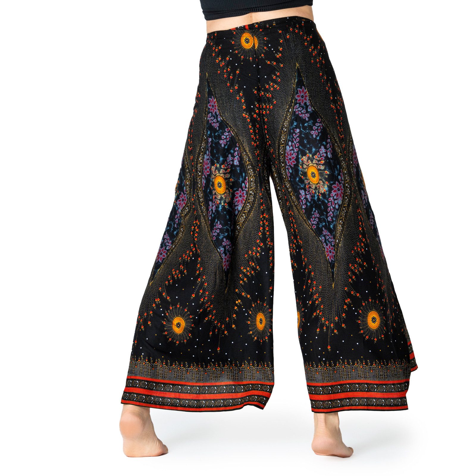 PANASIAM Palazzohose Sunshine Pants Wickelhose aus natürlicher Viskose Palazzohose im Peacock Design langer Boho Hosenrock Haremshose Pareo Hose