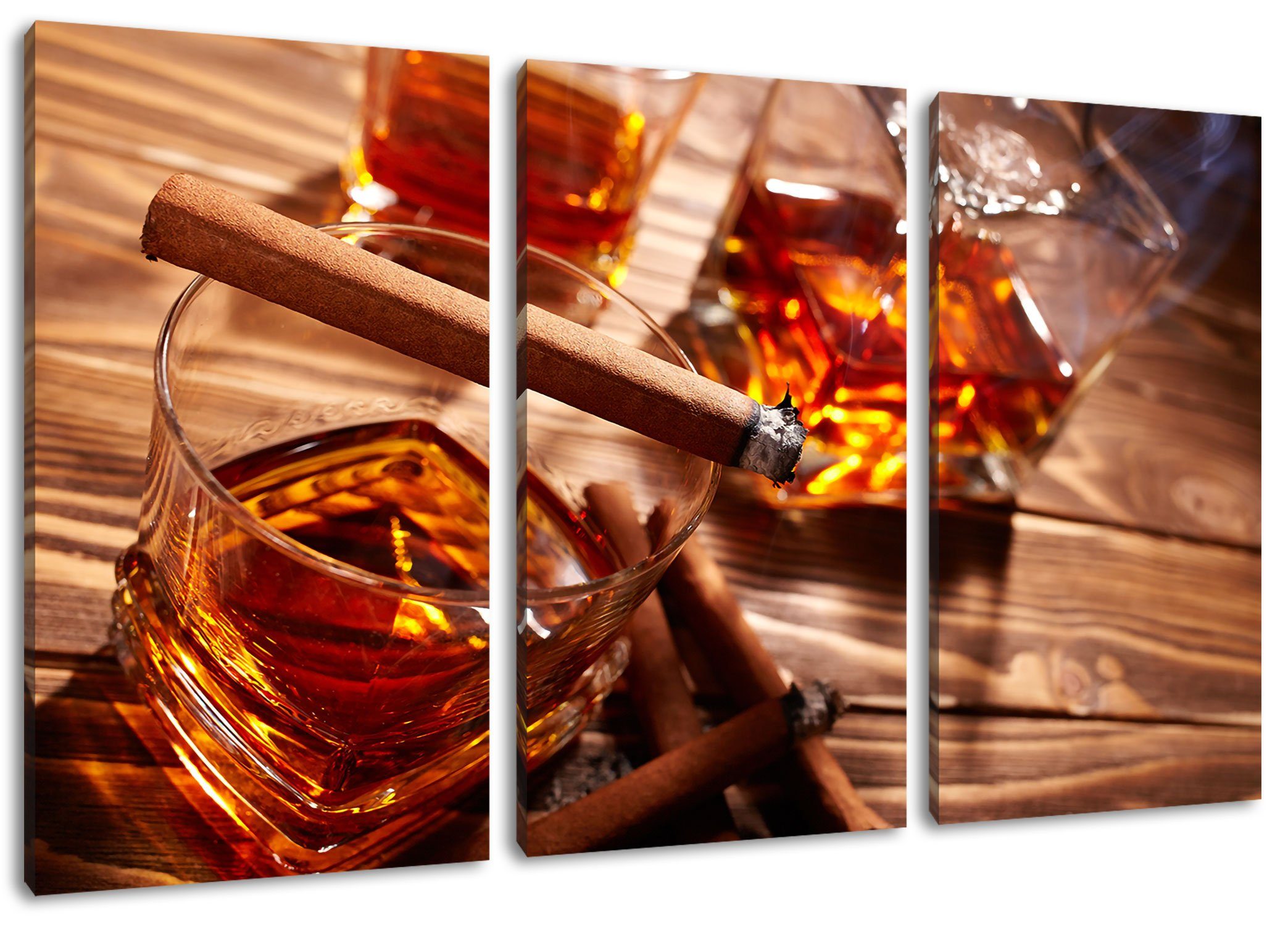 inkl. Edler mit Leinwandbild Zigarre, Zigarre Leinwandbild mit Edler bespannt, fertig (120x80cm) Whiskey St), Whiskey Zackenaufhänger 3Teiler (1 Pixxprint