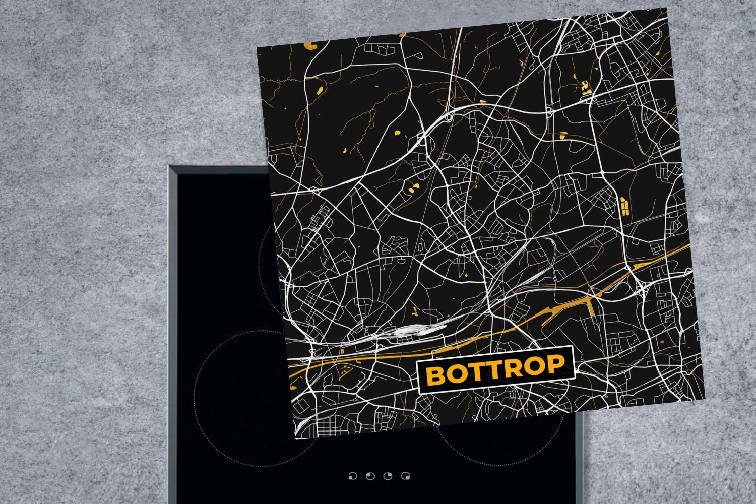 MuchoWow Herdblende-/Abdeckplatte Bottrop - Stadtplan Karte, - Vinyl, (1 cm, - und Schwarz Arbeitsplatte für küche Ceranfeldabdeckung, - tlg), Deutschland Gold 78x78