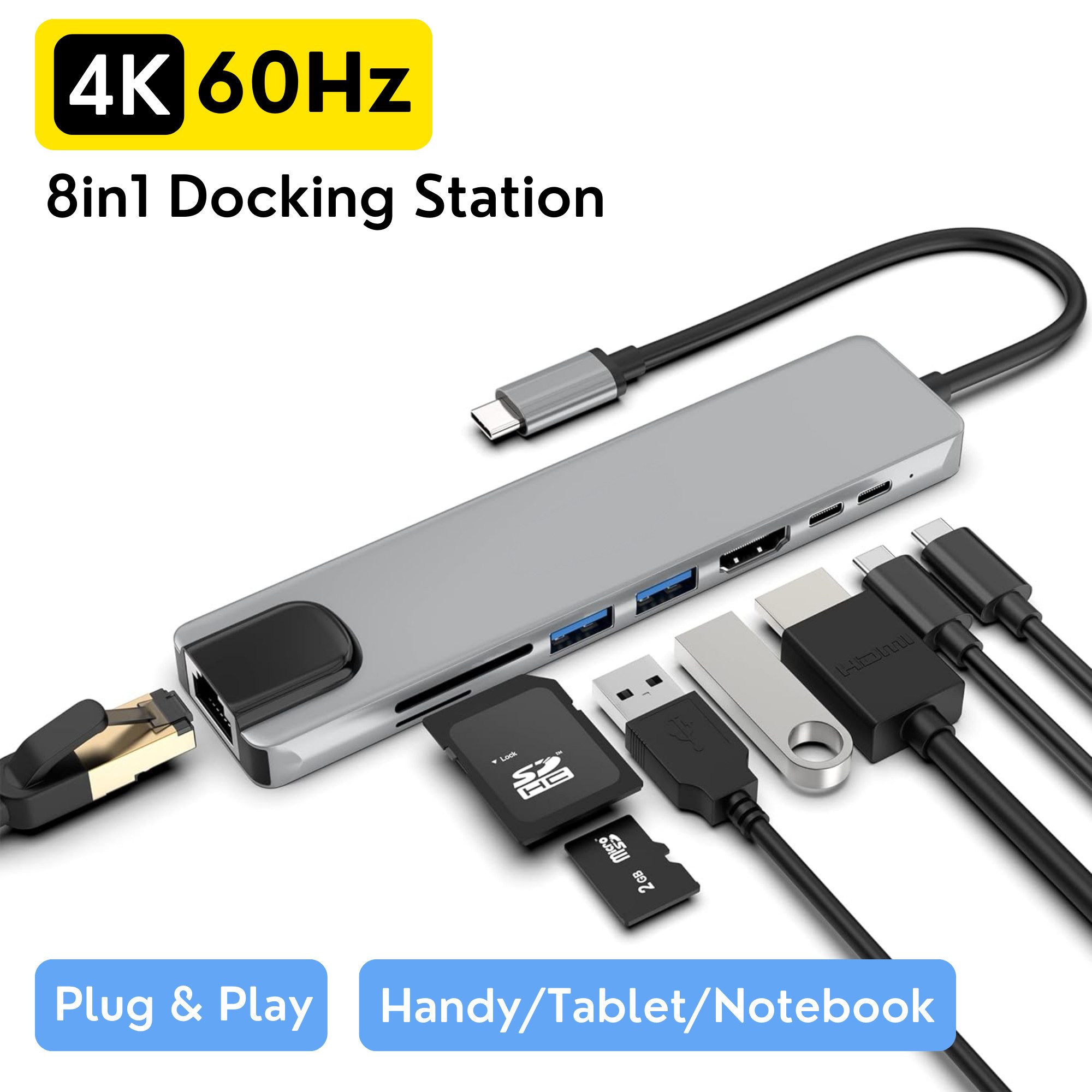 S&T Design Laptop-Dockingstation USB C Dockingstation Aluminium USB-C Hub DOC LAN Anschluss, (Nintendo Switch, USB-Verteiler 8 in 1 Multiport), 4K@60Hz HDMI 100W PD USB 3.0 SD TF Kartenleser Handy Tablet Notebook