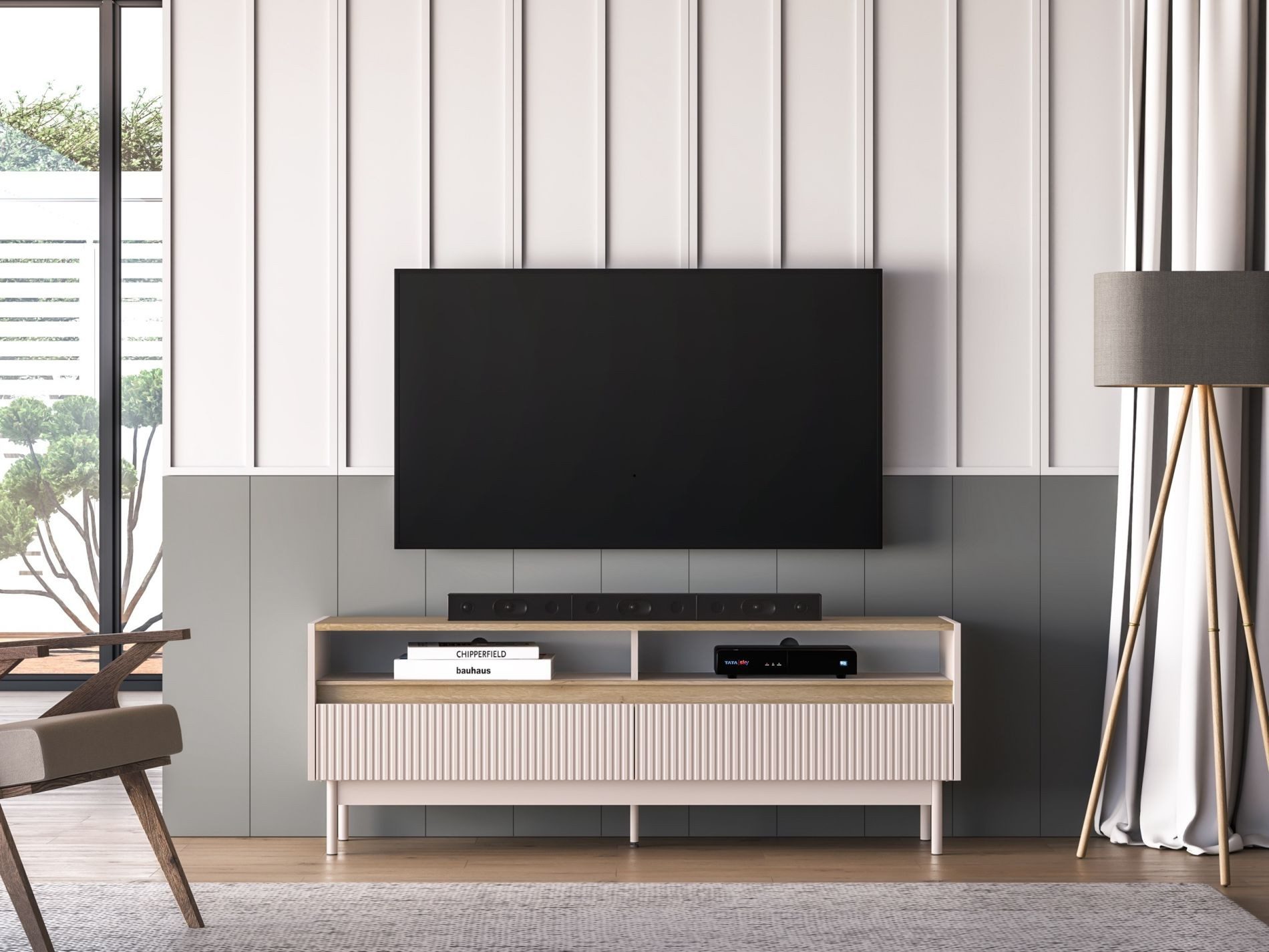 Selsey TV-Schrank DUNEA TV-Lowboard mit 2 Schubladen, 2 offenen Fächern, Kabelöffnung, 154 cm