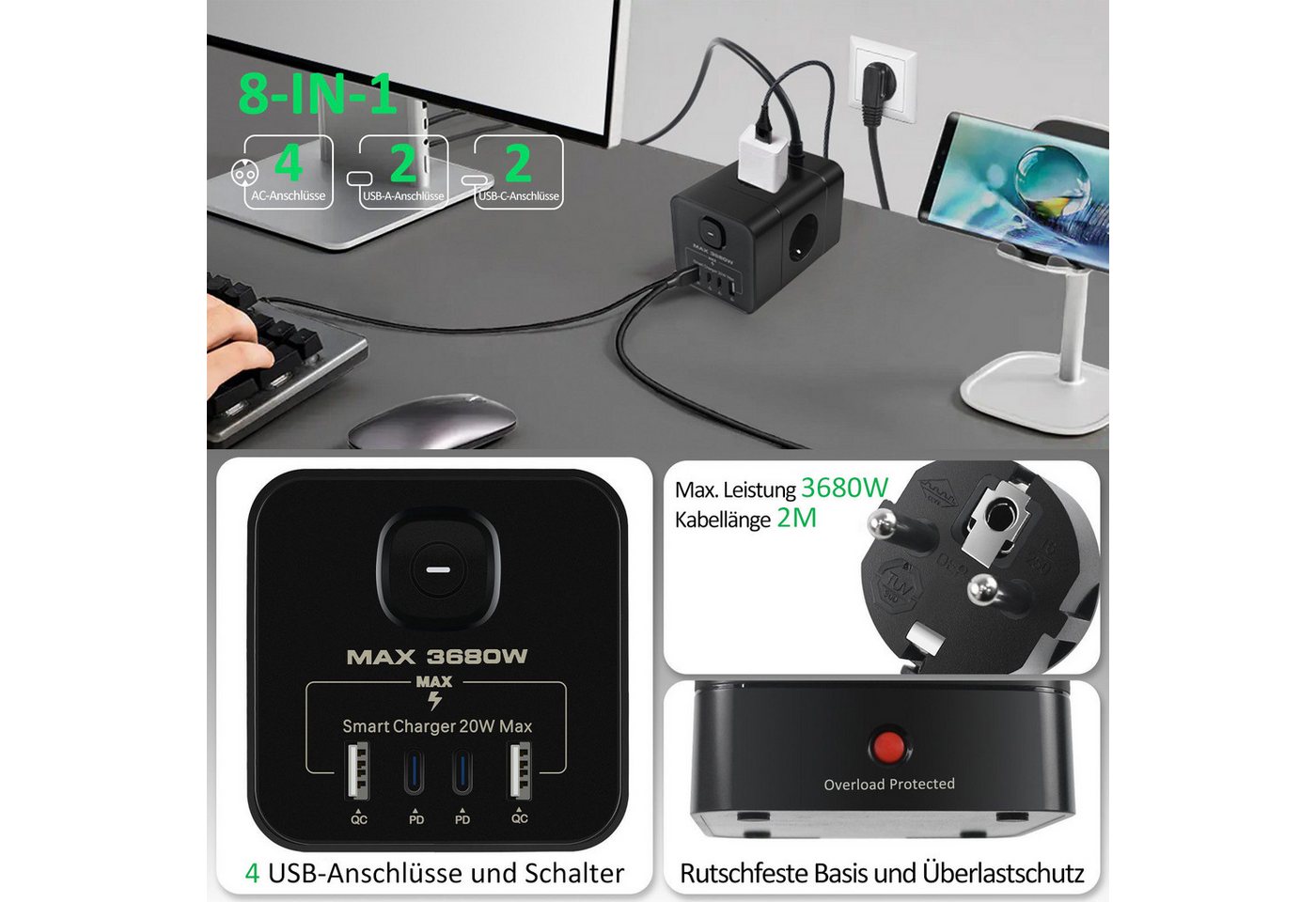 Thumbnail - OZAVO K-CZ01BK 8-IN-1 Mehrfachsteckdose 4-fach (USB-Anschluss, separate Ein- / Ausschalter, 3680W, 2M Kupfer Kabel, Über...