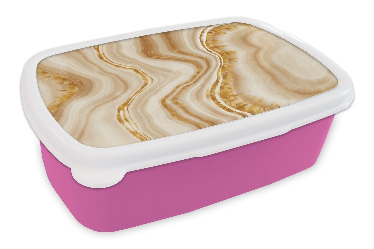MuchoWow Lunchbox Marmor - Gold - Muster, Kunststoff, (2-tlg), Brotbox für Erwachsene, Brotdose Kinder, Snackbox, Mädchen, Kunststoff rosa