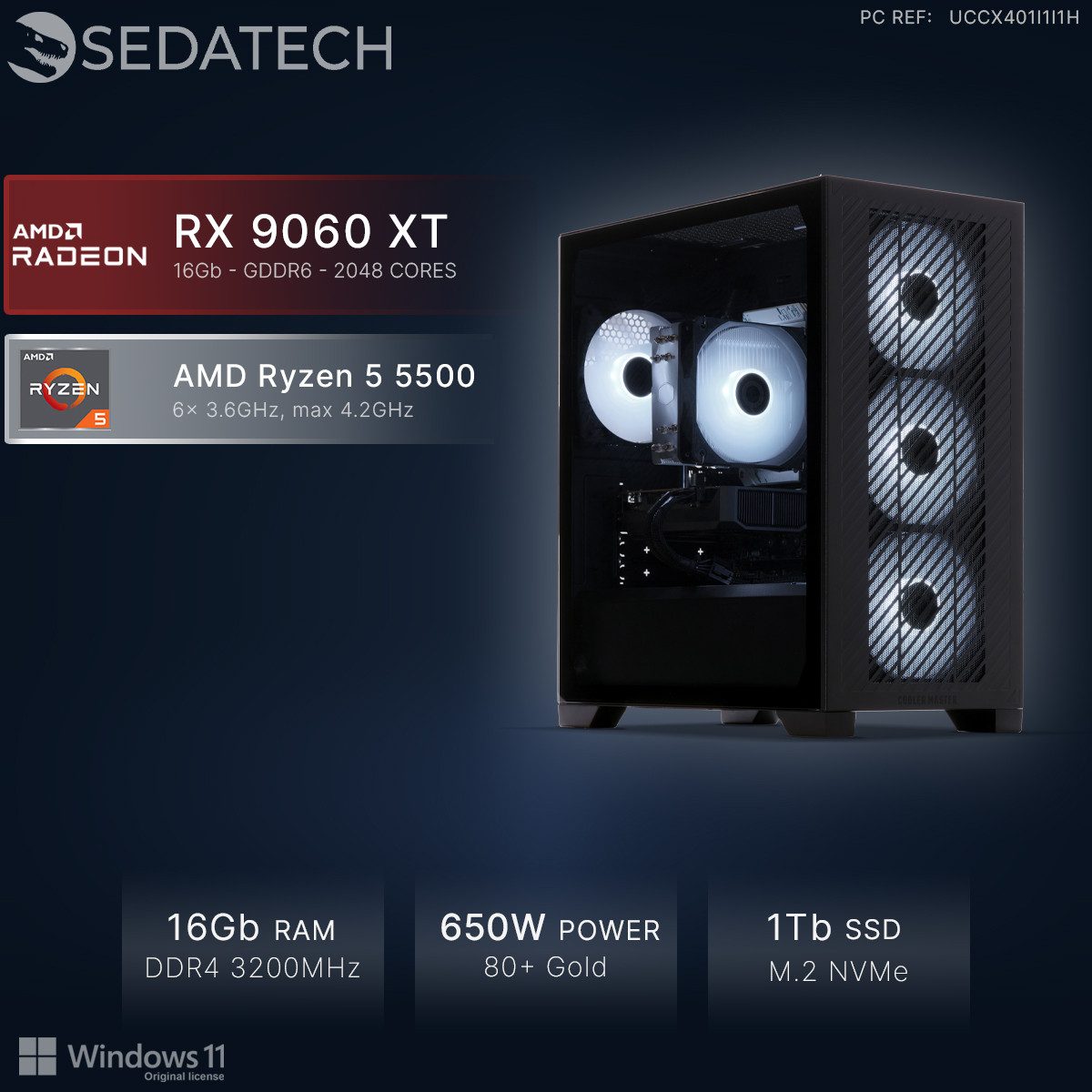 Sedatech UCCX401I1I1HF - Gaming-PC (AMD Ryzen 5 5500 6x 3.6GHz (max 4.2GHz), Radeon RX 9060 XT 16GB, 16 GB RAM, 1000 GB SSD, Wlan 4)