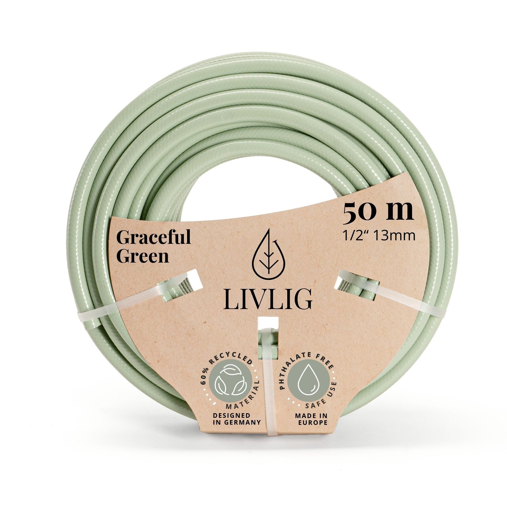 LIVLIG Gartenschlauch 1/2 Zoll, Schöner Gartenschlauch, Wasserschlauch 1/2 Zoll, Grün, Made in Europa, aus 60% recyceltem PVC