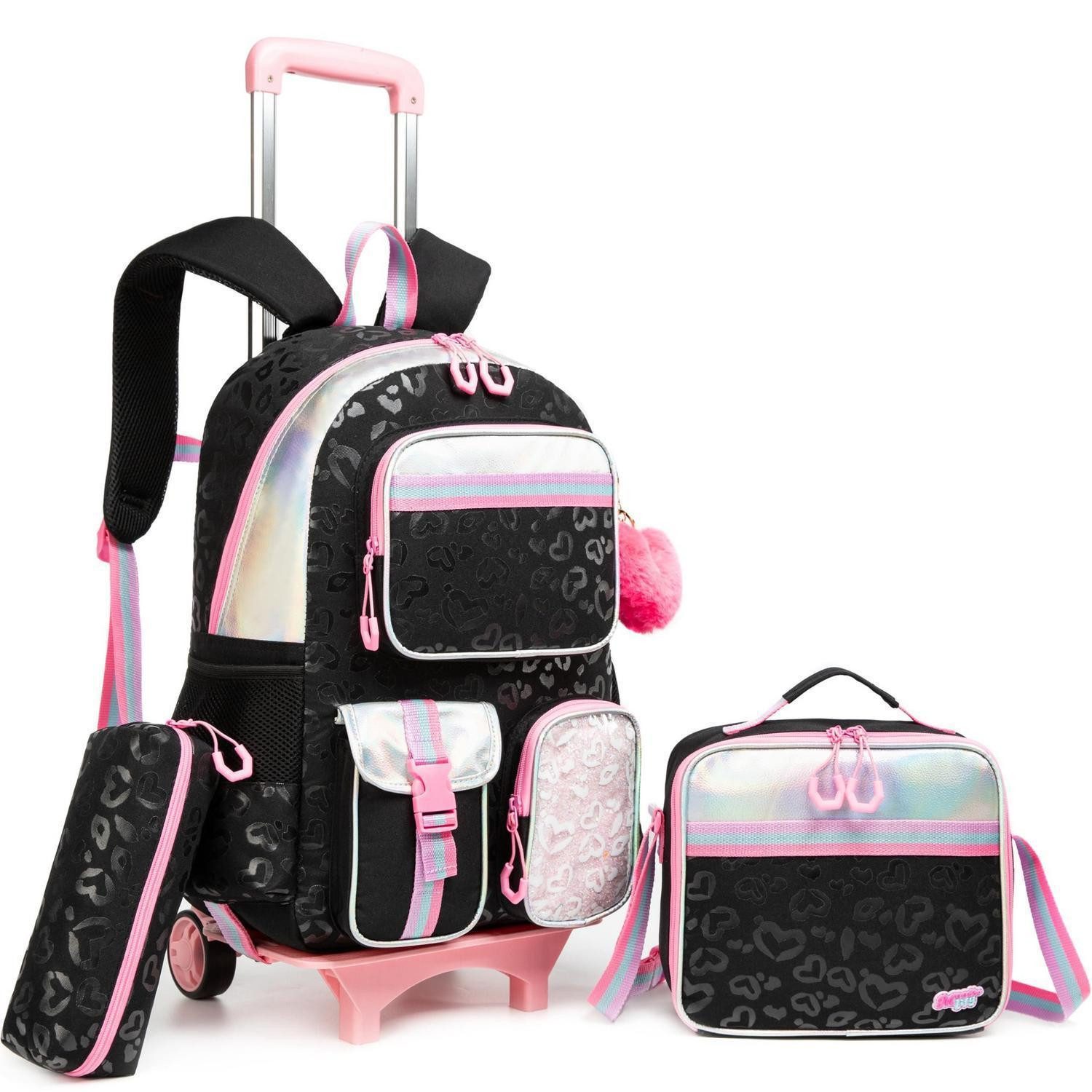 LuxusKollektion Schulranzen Kinder Trolley Rucksack mit Lunchtasche & Federmäppchen Schwarz Heart