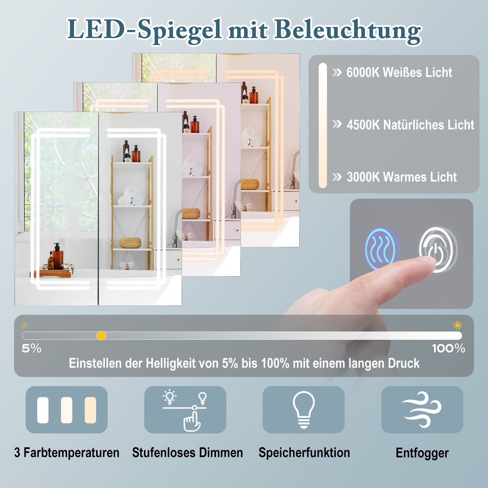 COSTWAY Spiegelschrank mit dimmbarer Beleuchtung, 2 günstig online kaufen