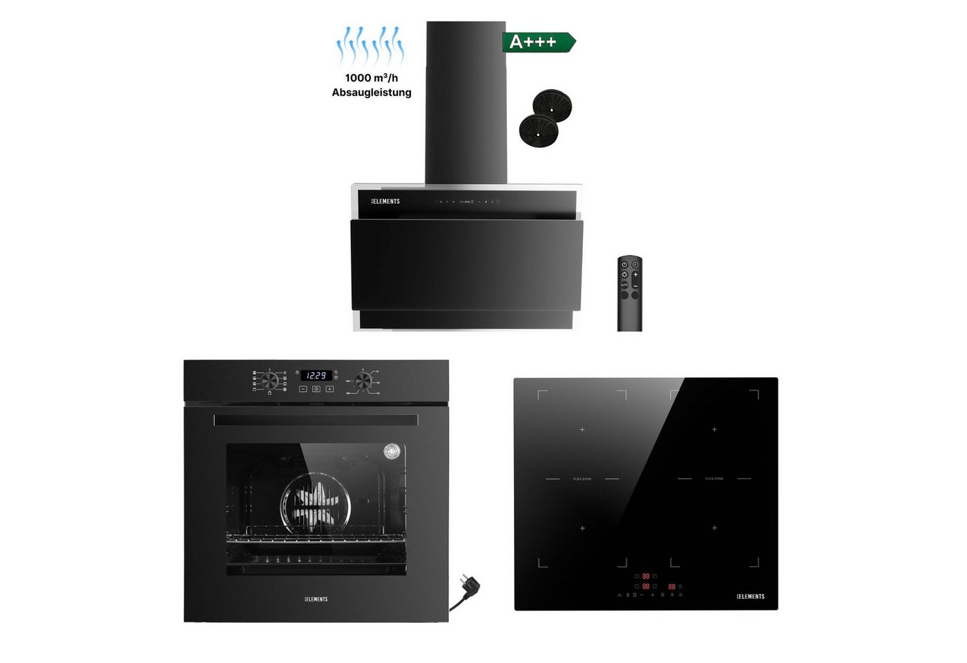 KB Elements Backofen-Set Einbaubackofen 60 cm mit 4-Zonen Induktionskochfeld 60cm, Steam Clean, Air Fry, Steam Clean, Circle Fan Heater, 2 x Flexzonen