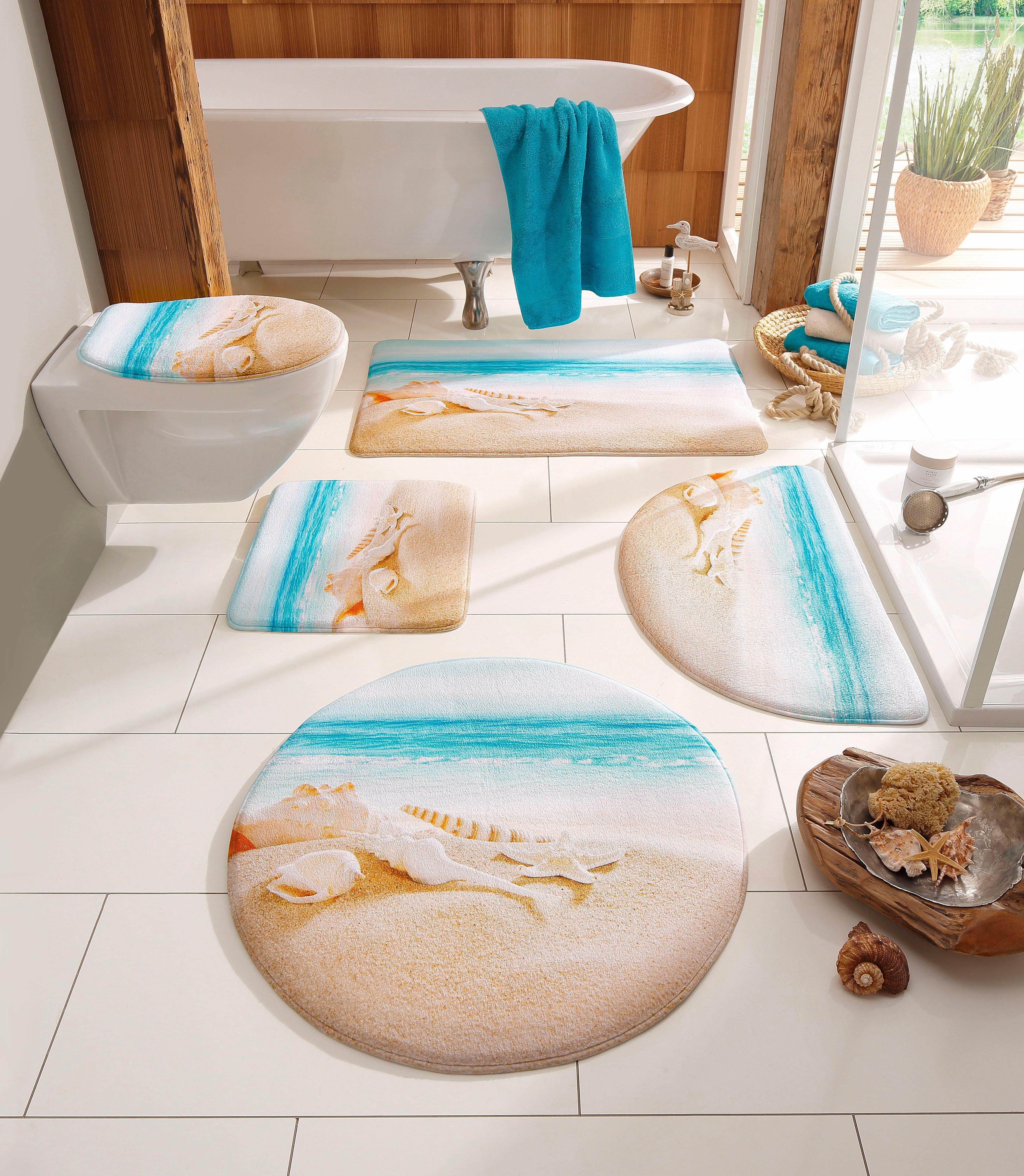OTTO home Badematte Strand, Höhe 14 mm, Memory Schaum, fußbodenheizungsgeeignet, schnell trocknend, Kunstfaser, 2-tlg. Hänge-WC Set, mit Strand-Motiv, Badematten auch als 2 teiliges Set erhältlich