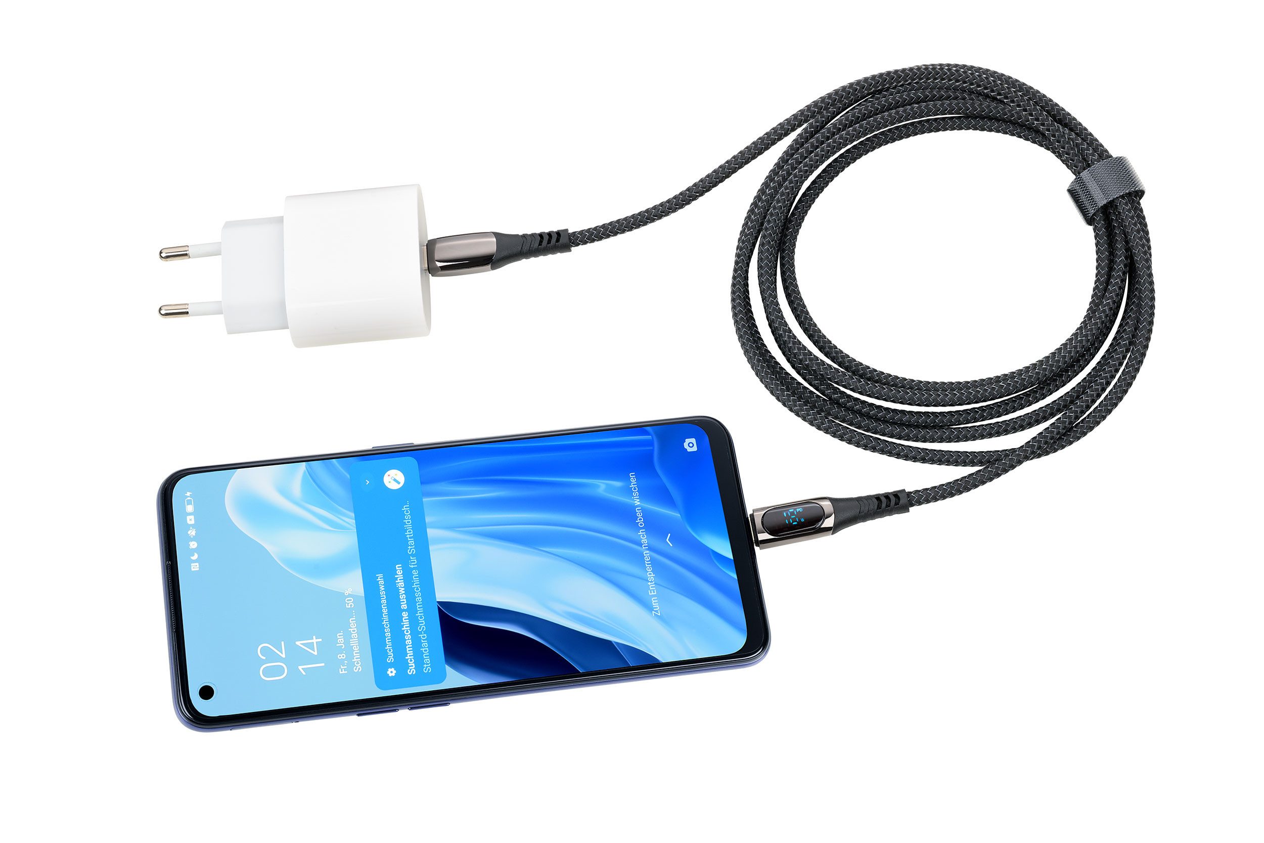 TROIKA USB-C 100W Ladekabel SPEEDY XL mit Lightning Adapter, Schnellladekabel Schnelllade-Gerät (1-tlg., für Handy, iPad, Laptop, Kabel aus Recyclingmaterial mit Display)