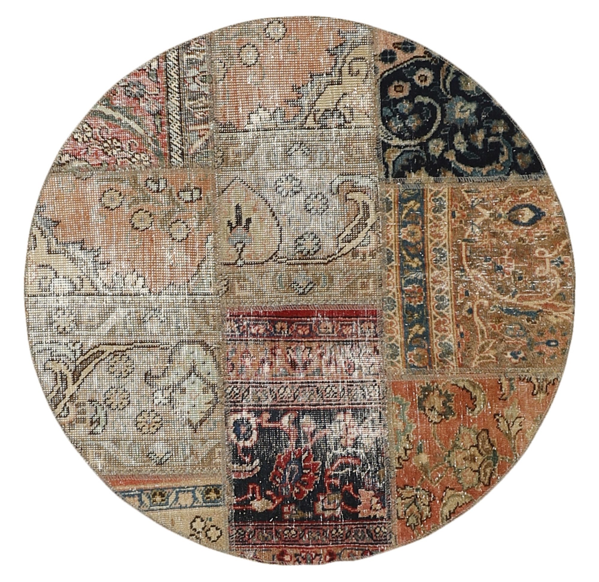 Wohnando Teppich MY-RUG Vintage Patch Work Floral & Ornamentiert 100x100cm, Rund, Höhe: 10 mm, Handgeknüpfter Teppich,Handgesponnene Wolle, mit Naturfarben gegärbt