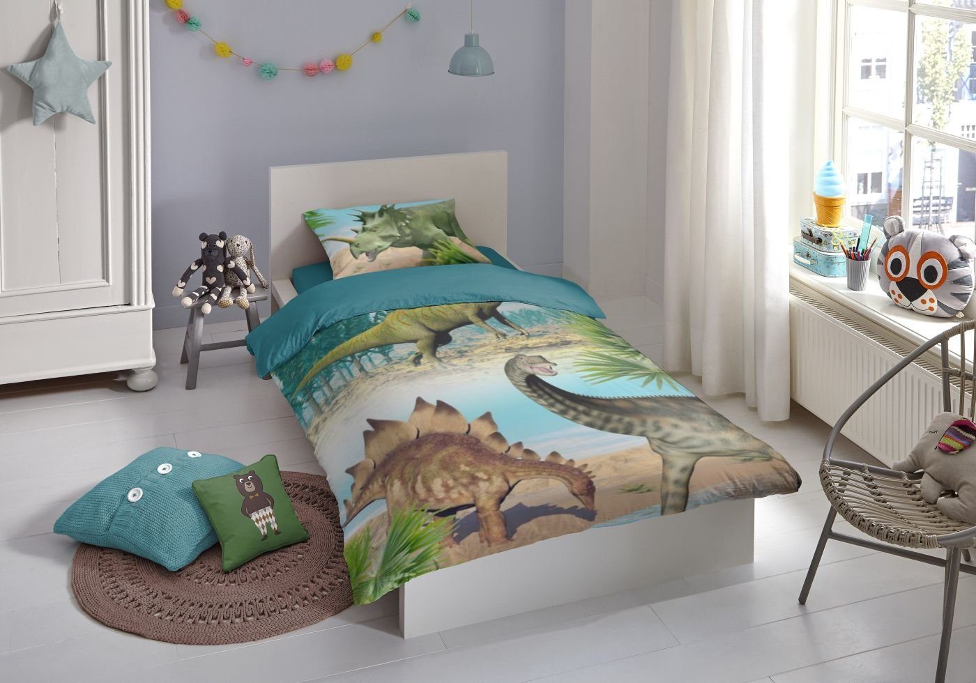 soma Bettwäsche kinderbettwäsche dinosaurier 135x200 80x80cm dino grün blau Jungen, Baumwolle, 2 teilig, kinder bettwäsche 135x200 junge winter Baumwolle
