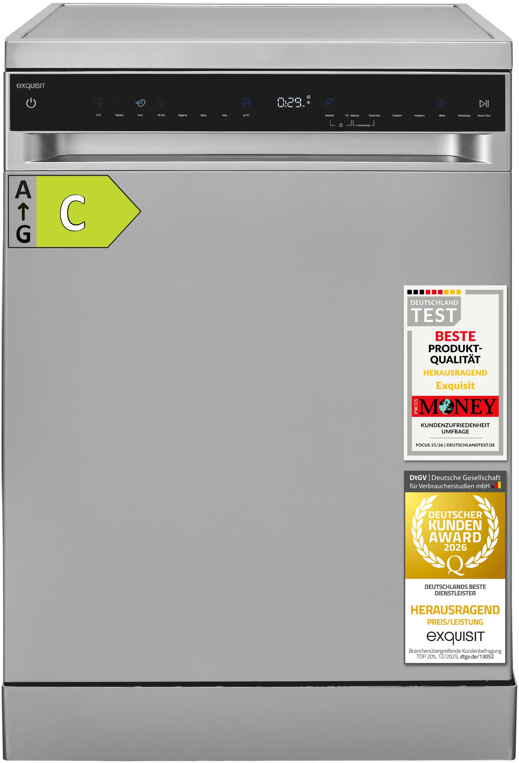 exquisit Standgeschirrspüler GSP9316-450C silber, 10,9 l, 16 Maßgedecke, 16 Maßgedecke, LED, Besteckschublade, Auto Door Open, AquaStop – Bild 2 von 5