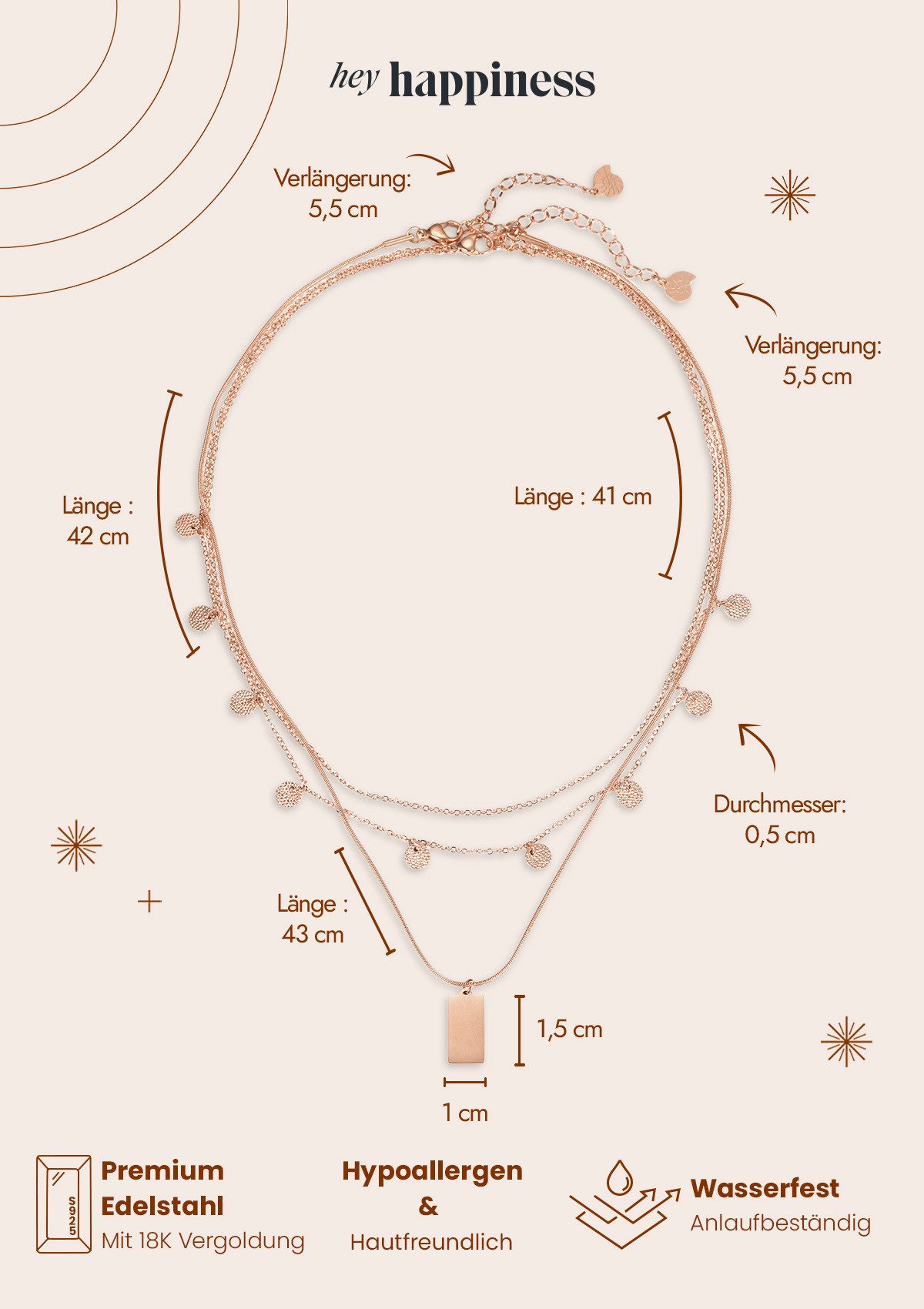 Hey Happiness Charm-Ketten-Set 2er Damen Layer mehrreihig, 18K Roségold Vergoldet, Kette Plättchen hängend, Halskette Schlange, Damenset wasserfest – Bild 5 von 5