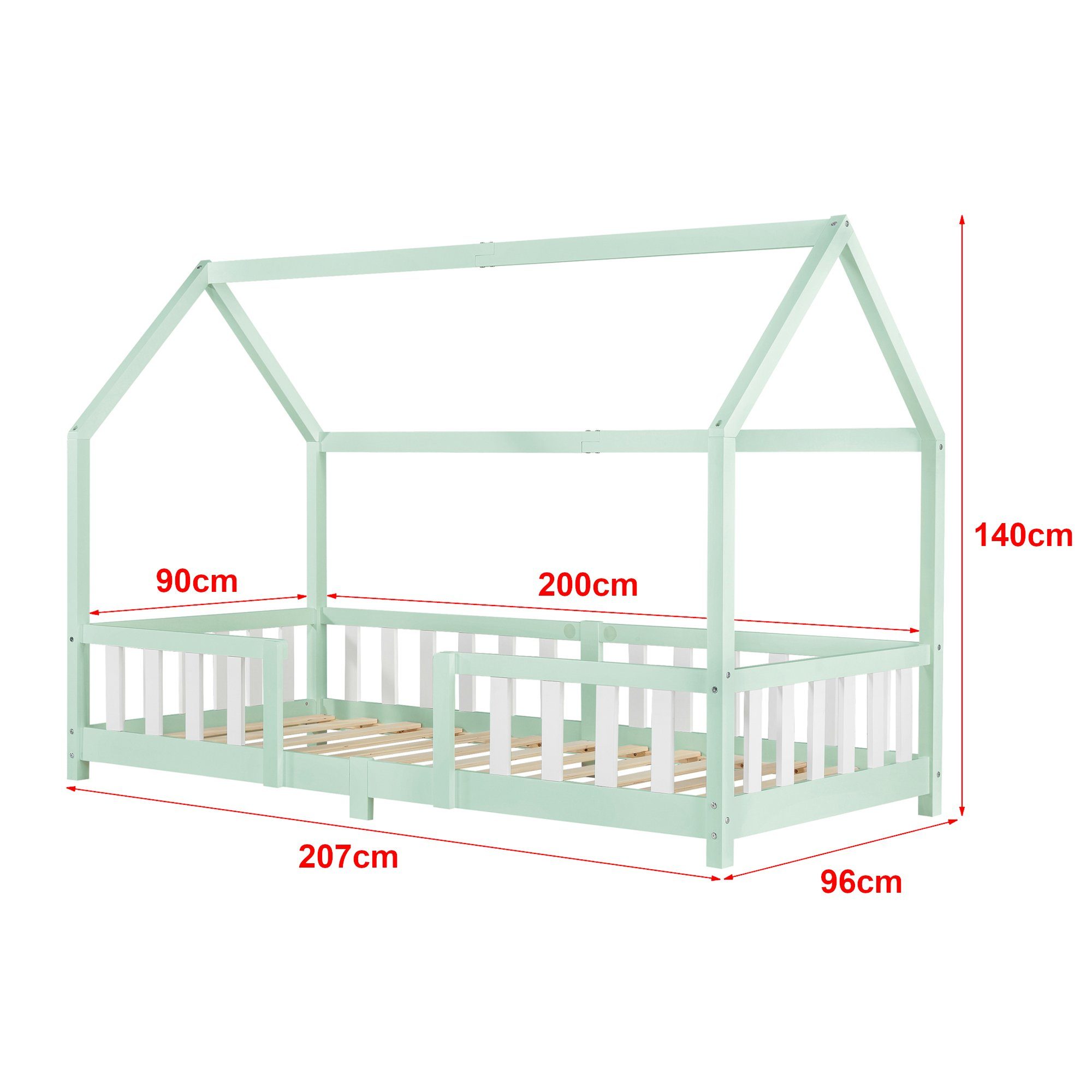 Kinderbett, Haus-Optik 90x200cm Rausfallschutz mit »Sisimiut« Mintgrün/Weiß en.casa