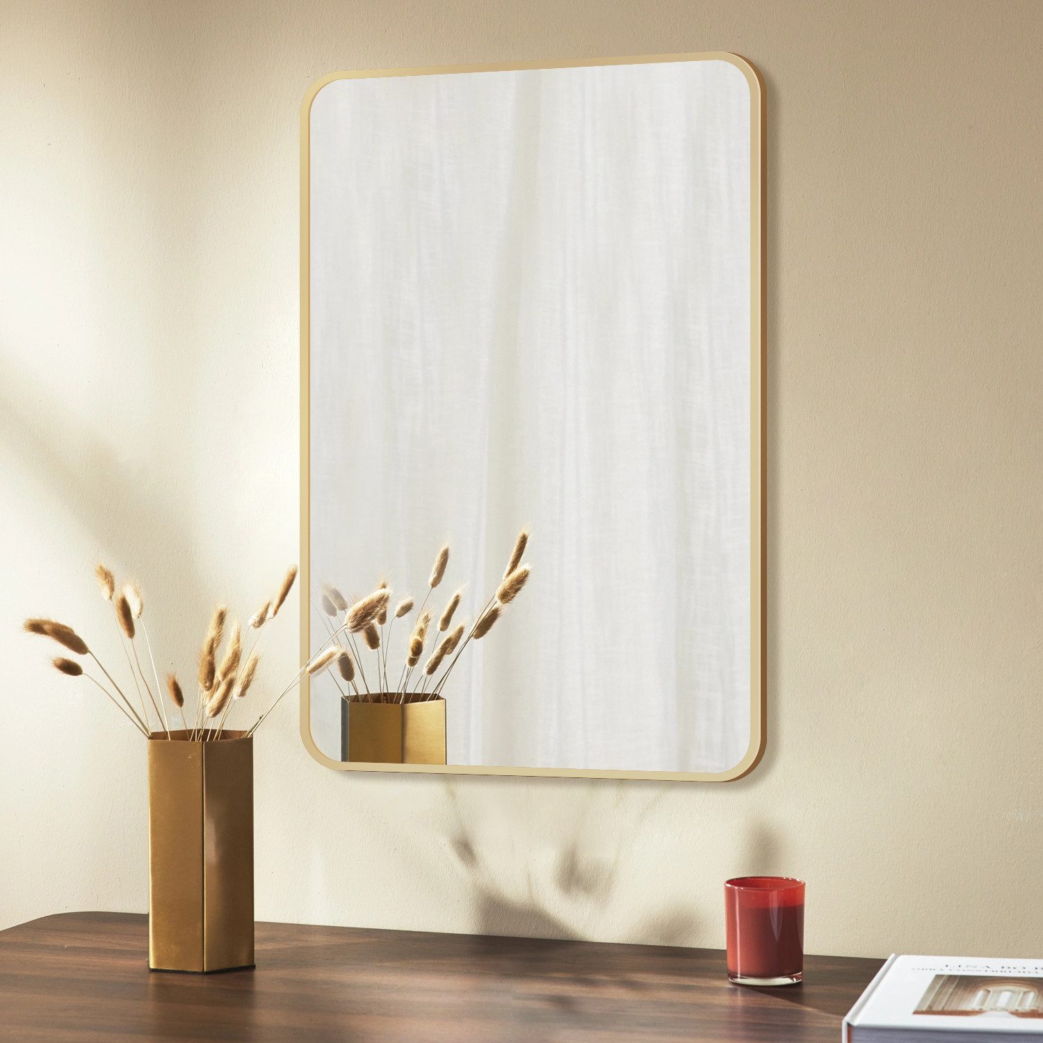 Boromal Wandspiegel 80x60 50x70 40x60 Spiegel Gold Flurspiegel Dekospiegel Rechteckig (5mm Umweltschutz Spiegel, mit Aluminium Rahmen), Vertikal / Horizontal möglich