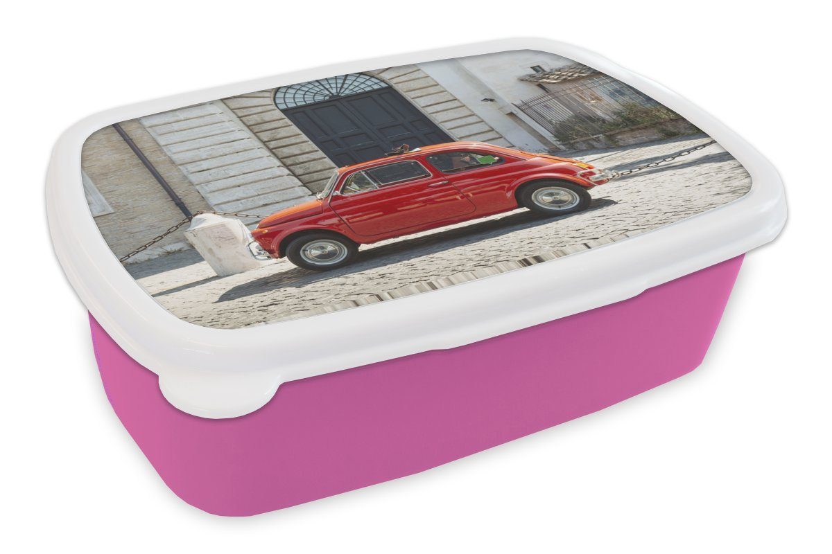 Brotbox Kinder, für Kunststoff Snackbox, Oldtimer Mädchen, Rom, - Erwachsene, - Brotdose (2-tlg), MuchoWow Lunchbox Kunststoff, rosa Autos