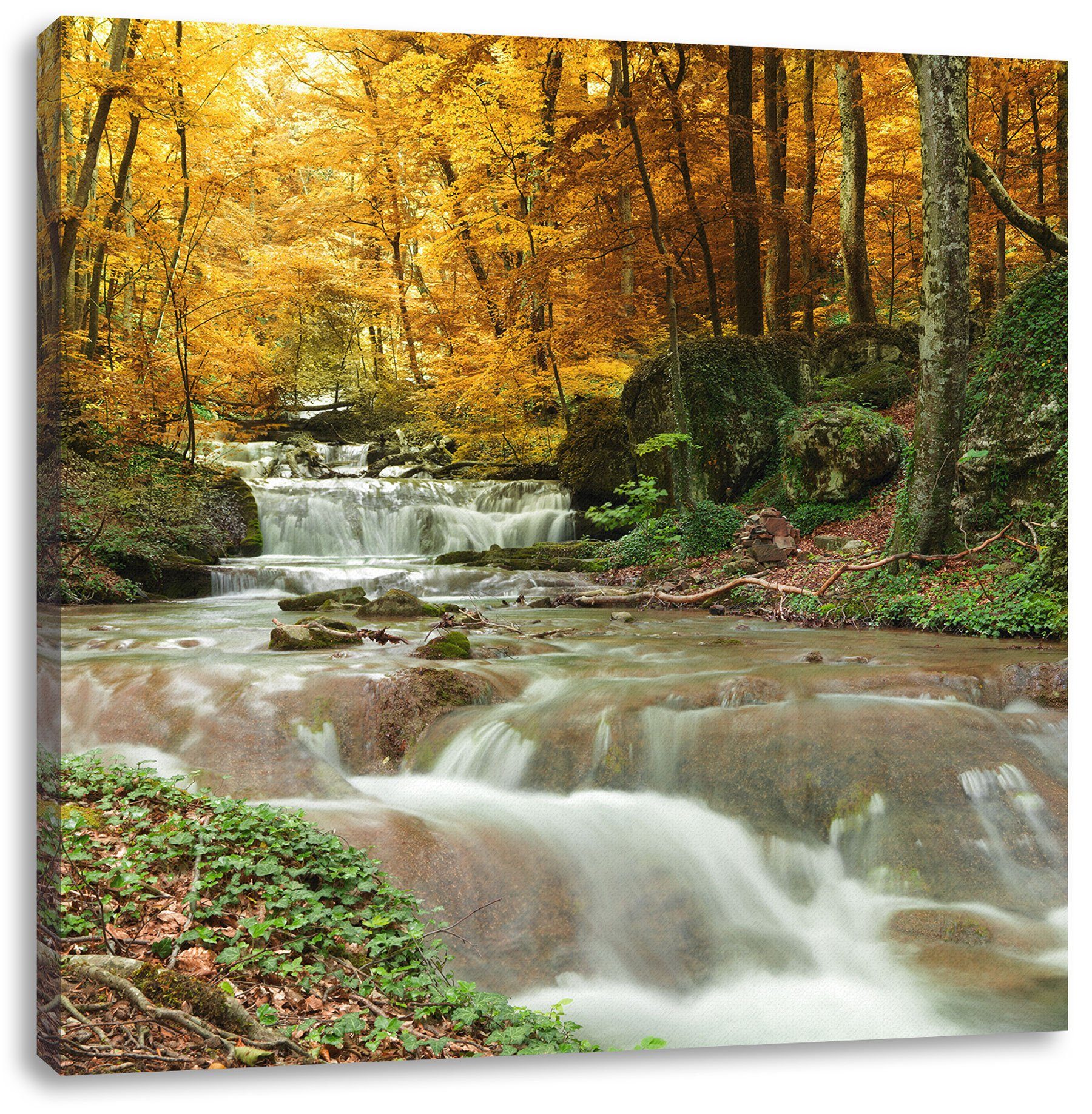 Leinwandbild inkl. Zackenaufhänger bespannt, Herbst im Herbst, St), Leinwandbild Pixxprint fertig Waldbach Waldbach im (1