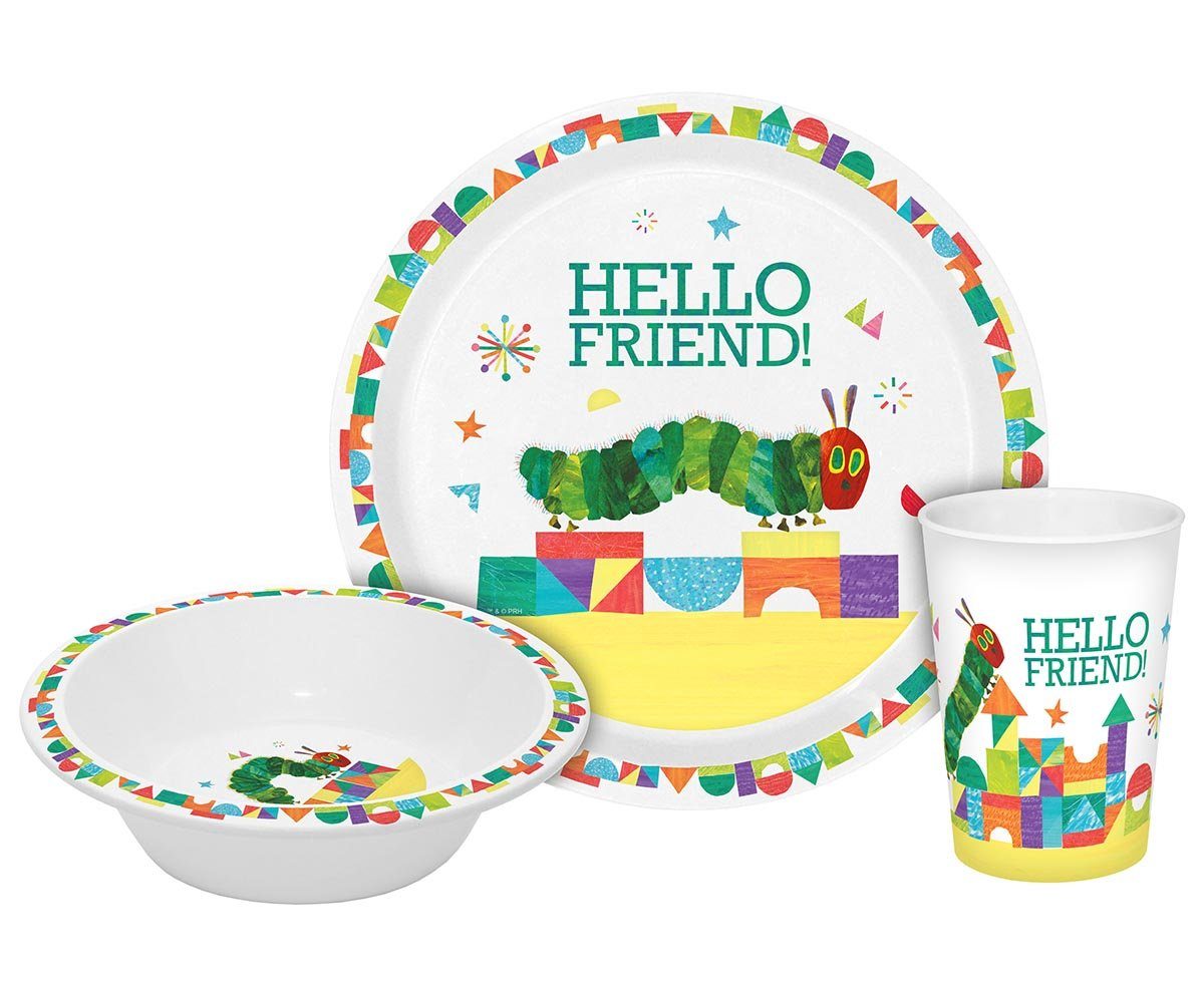 Geda Labels GmbH Kindergeschirr-Set Raupe Nimmersatt Hello Friend 3tlg. (3-tlg), PP, Grün, 21,5x21,5x8,5, spülmaschinengeeignet