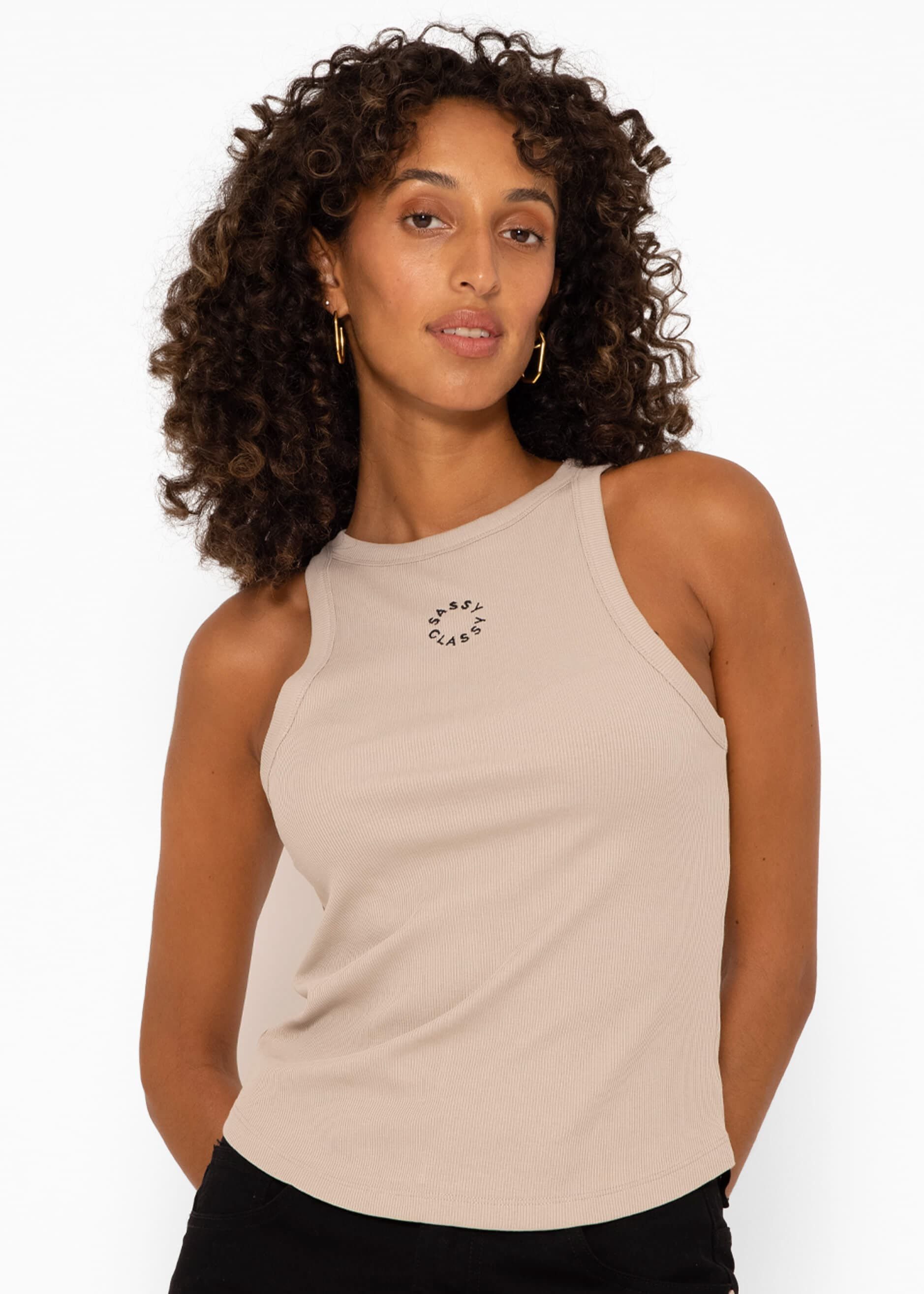 SASSYCLASSY Tanktop Tank Top mit Sassyclassy Stickerei Ärmelloses geripptes Top mit Stickerei und Rundhalsausschnitt