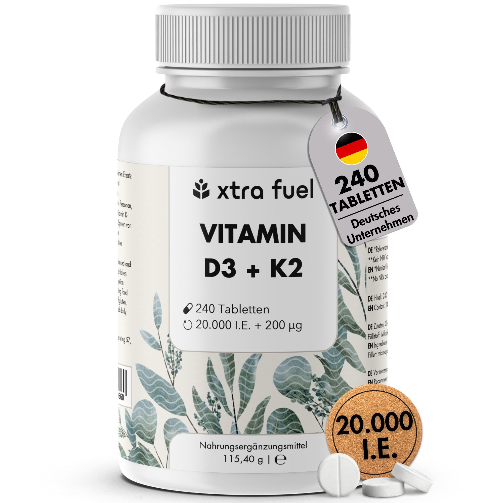 XTRA FUEL Vitamin D3 + K2 240 Tabletten - 20.000 I.E. + 200mcg - 100% rein Tablette, 115.4 g