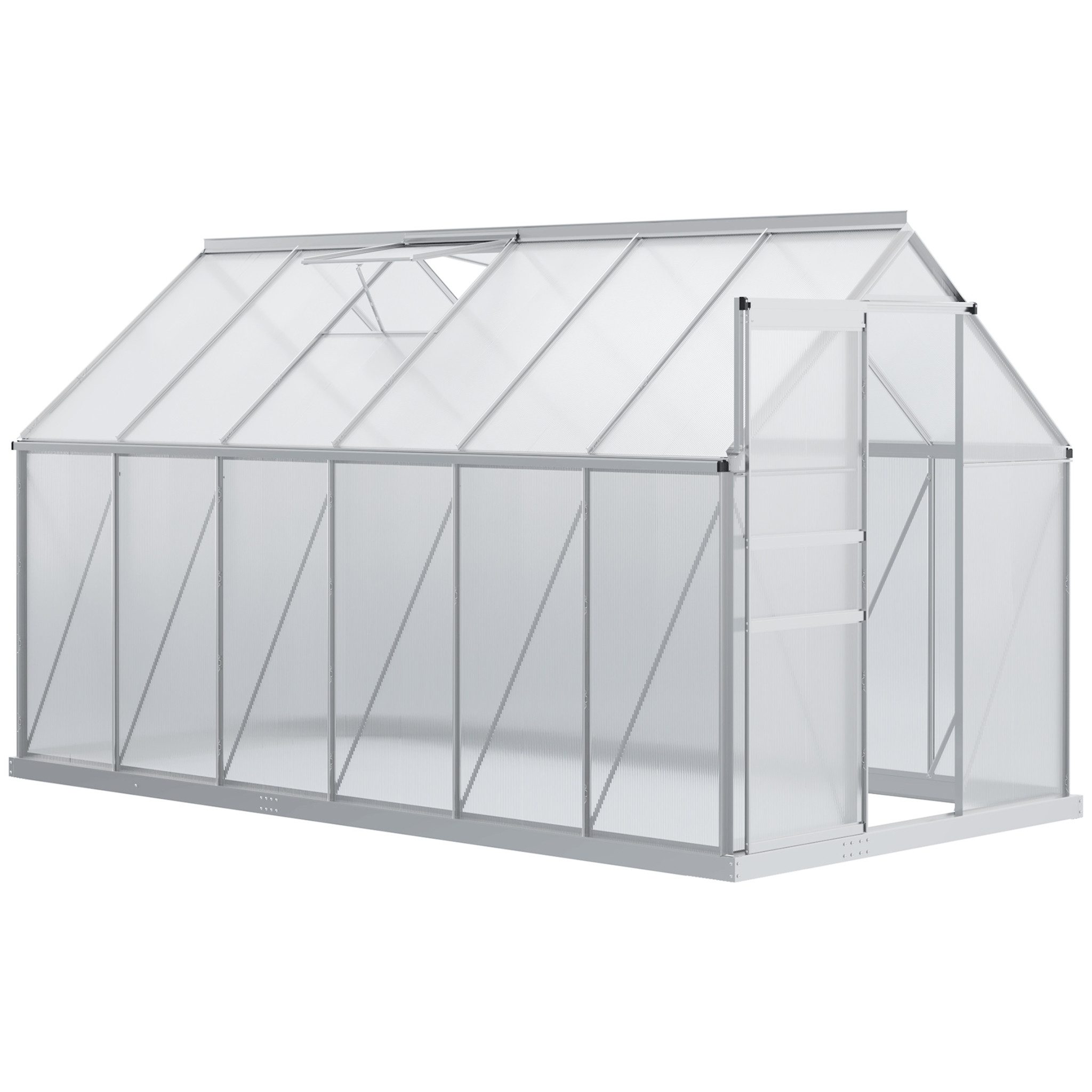 MC Star Gewächshaus Polycarbonat-Gewächshaus 7,1 m² (1,9 m x 3,75 m x 1,99 m), mit Fundament, verstellbarer Dachlüftung und Schiebetür – Silber und Transparent
