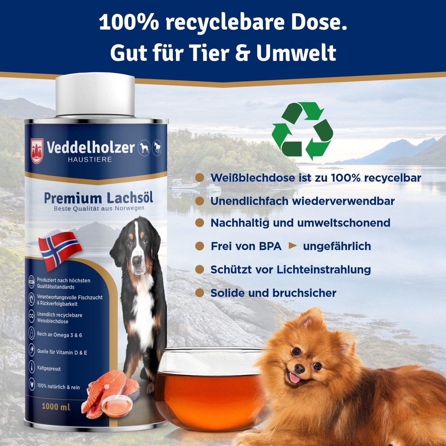 Veddelholzer Lachsöl für Hunde 1 Liter Ideale hochwertige Nahrungsergänzung, für: Hunde, Omega3 Fettsäuren & Vitamin E Nachhaltig Fischöl Hund Pferd & Umwelt